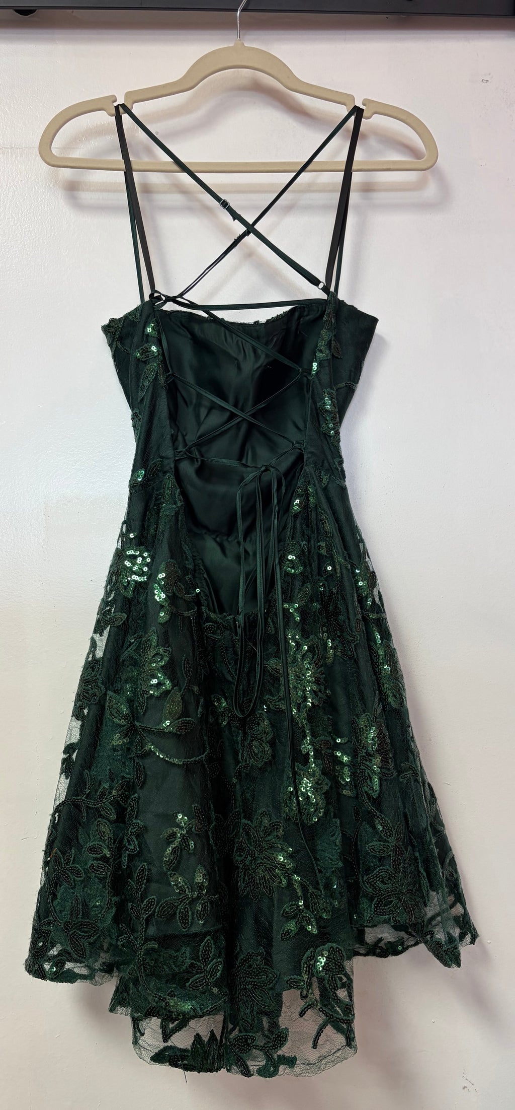 Windsor Emerald Green Sequin Floral Lace Homecoming Dress with Lace-Up Back