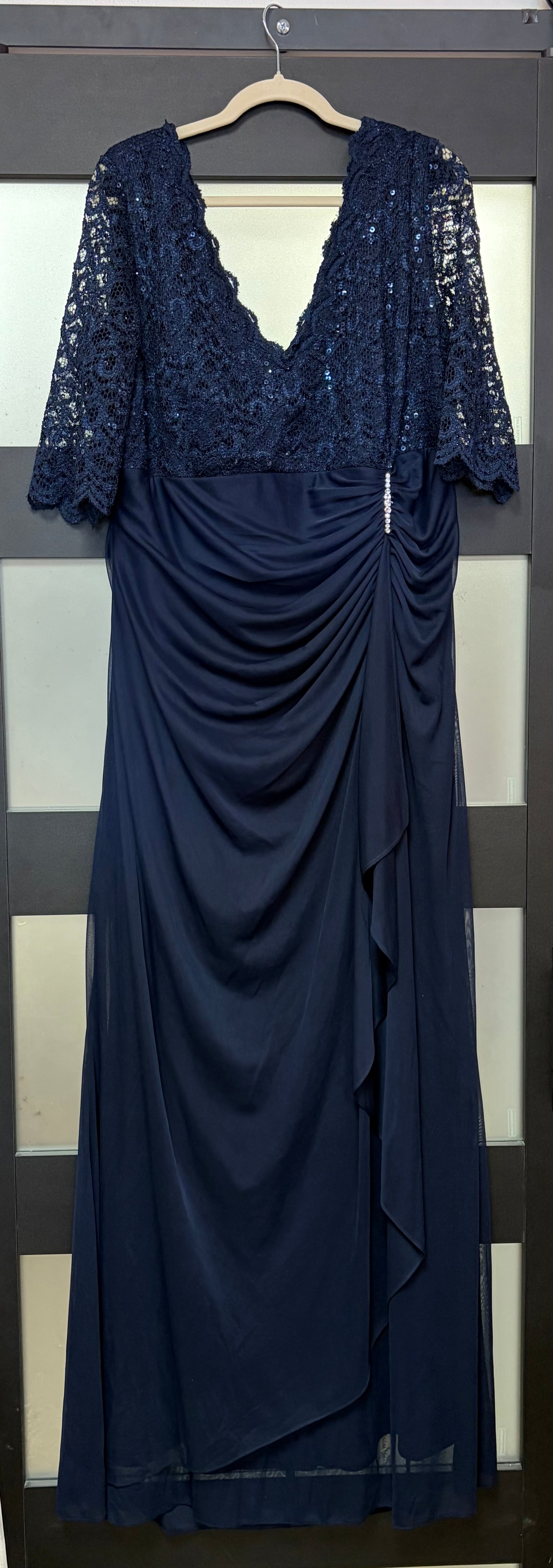 Betsy & Adam Navy Lace Formal Gown