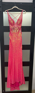 Hot Pink Iridescent Sequin Lace-Up Prom Dress with Plunging Neckline