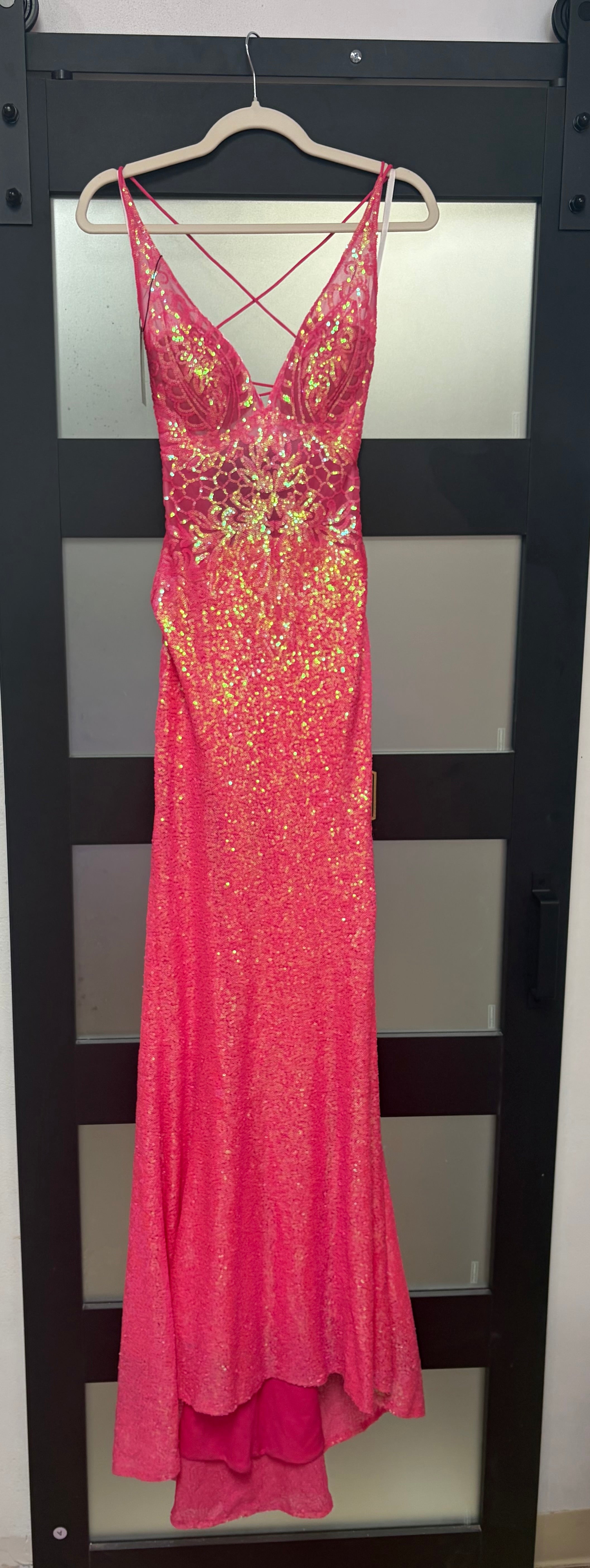 Hot Pink Iridescent Sequin Lace-Up Prom Dress with Plunging Neckline