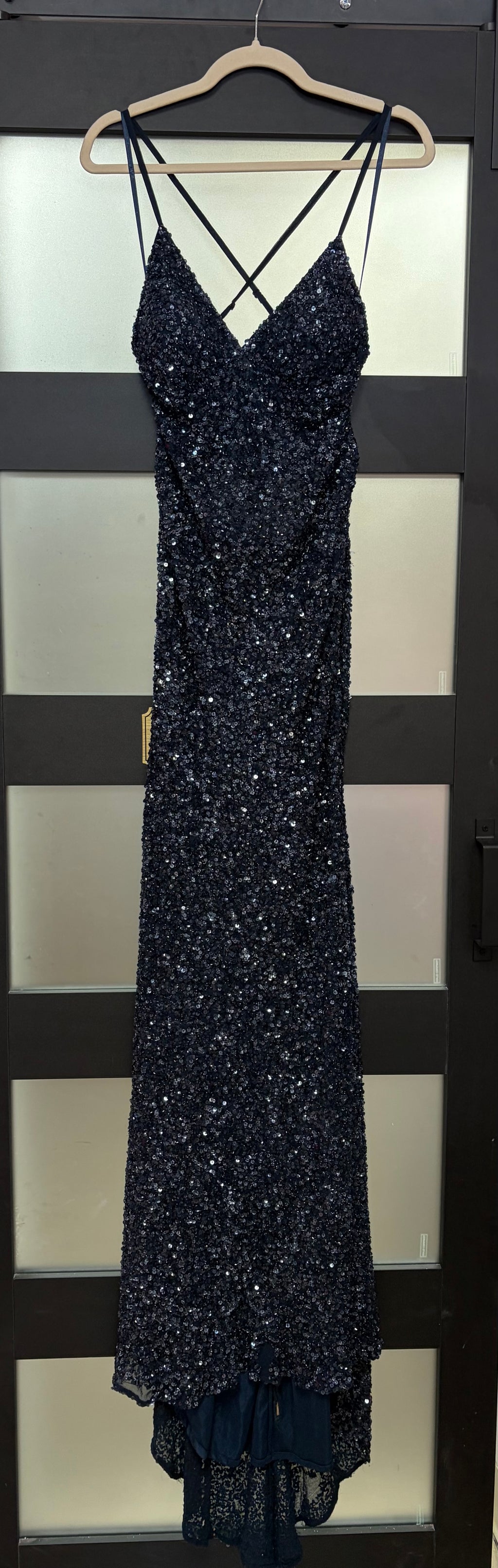 Scala Midnight Navy Fully Sequined Evening Gown with Open Back