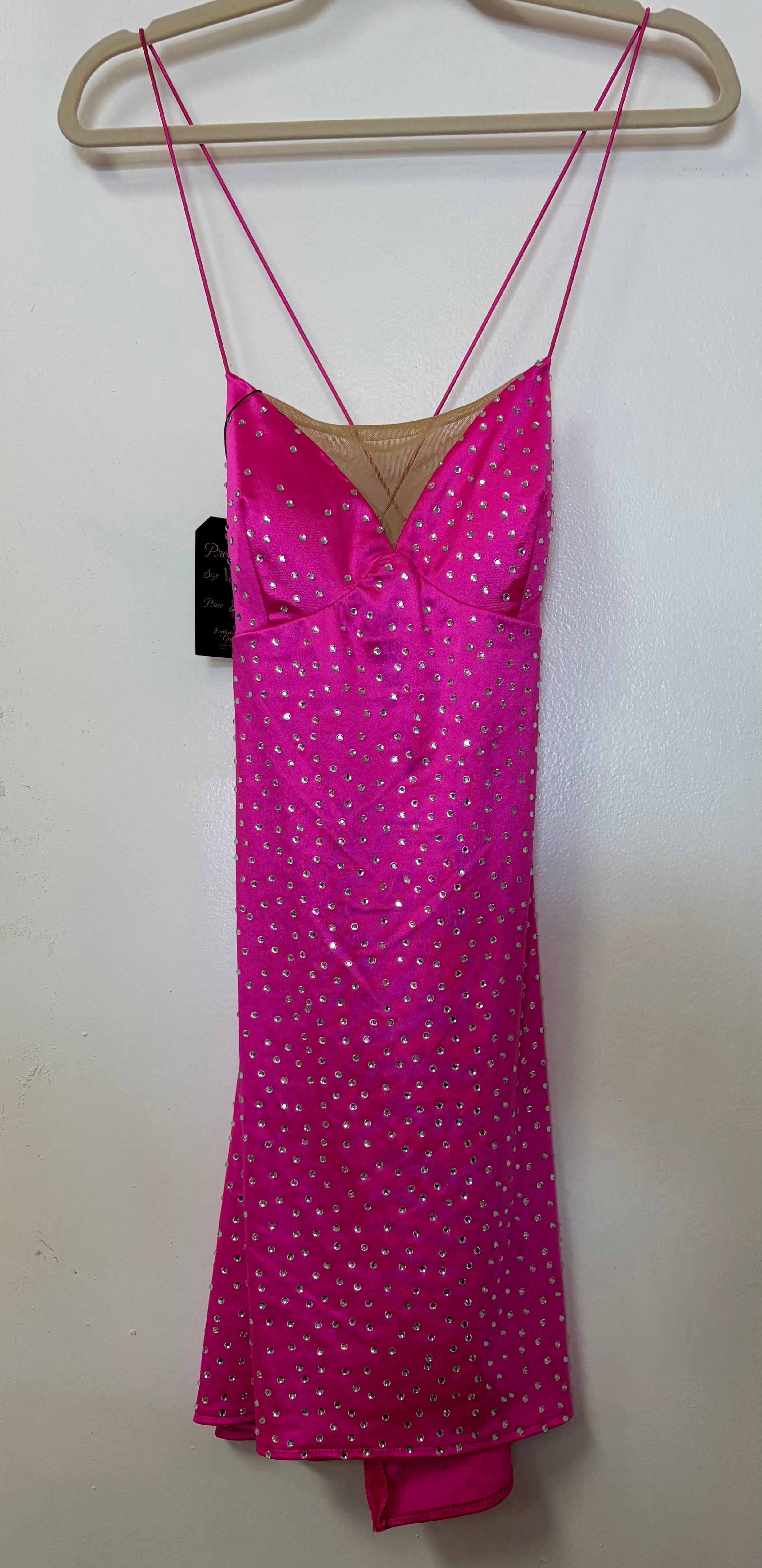 Hot Pink Rhinestone Bodycon Homecoming Dress with Crystal Studded Satin Finish