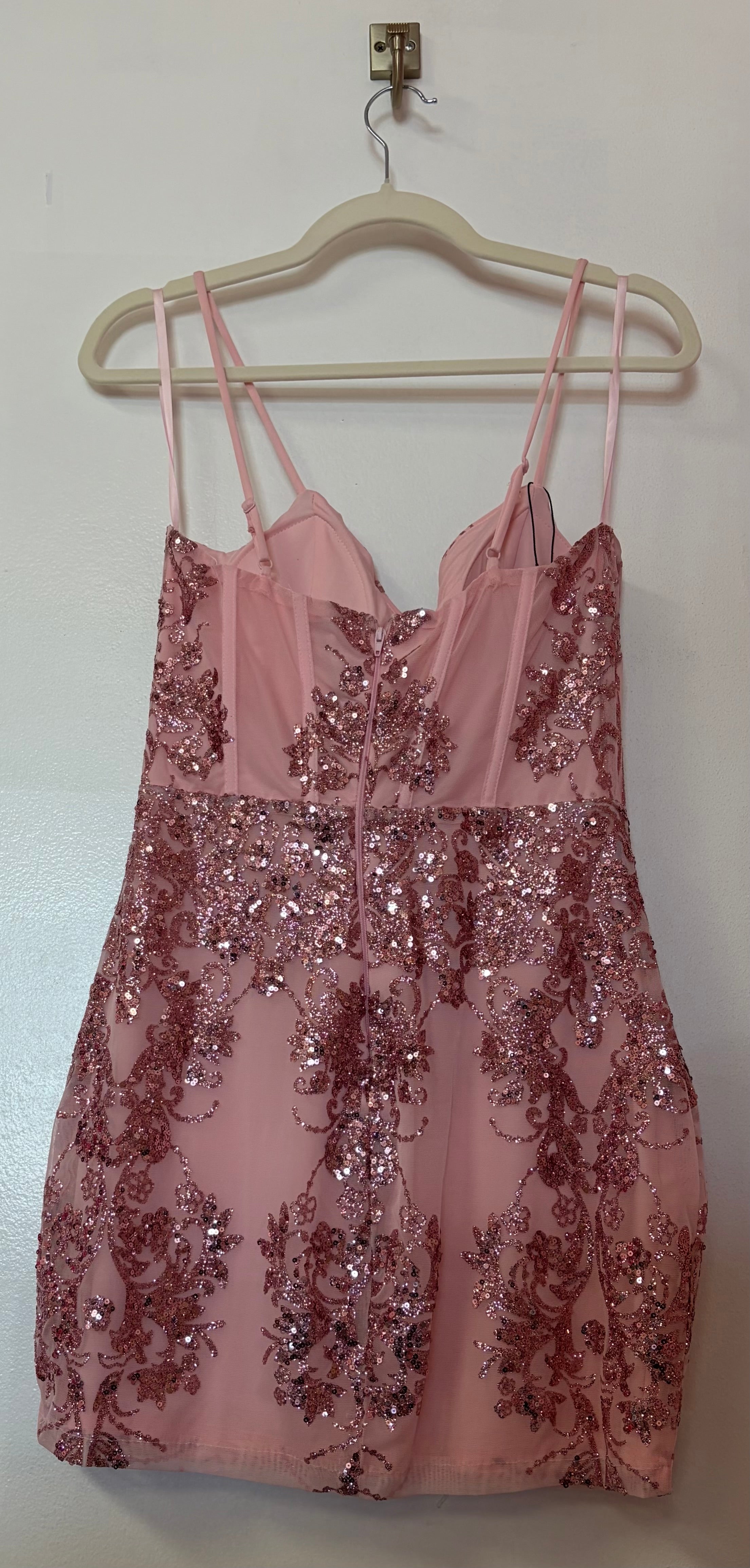 Windsor Blush Pink Sequin Homecoming Dress with Cowl Neck