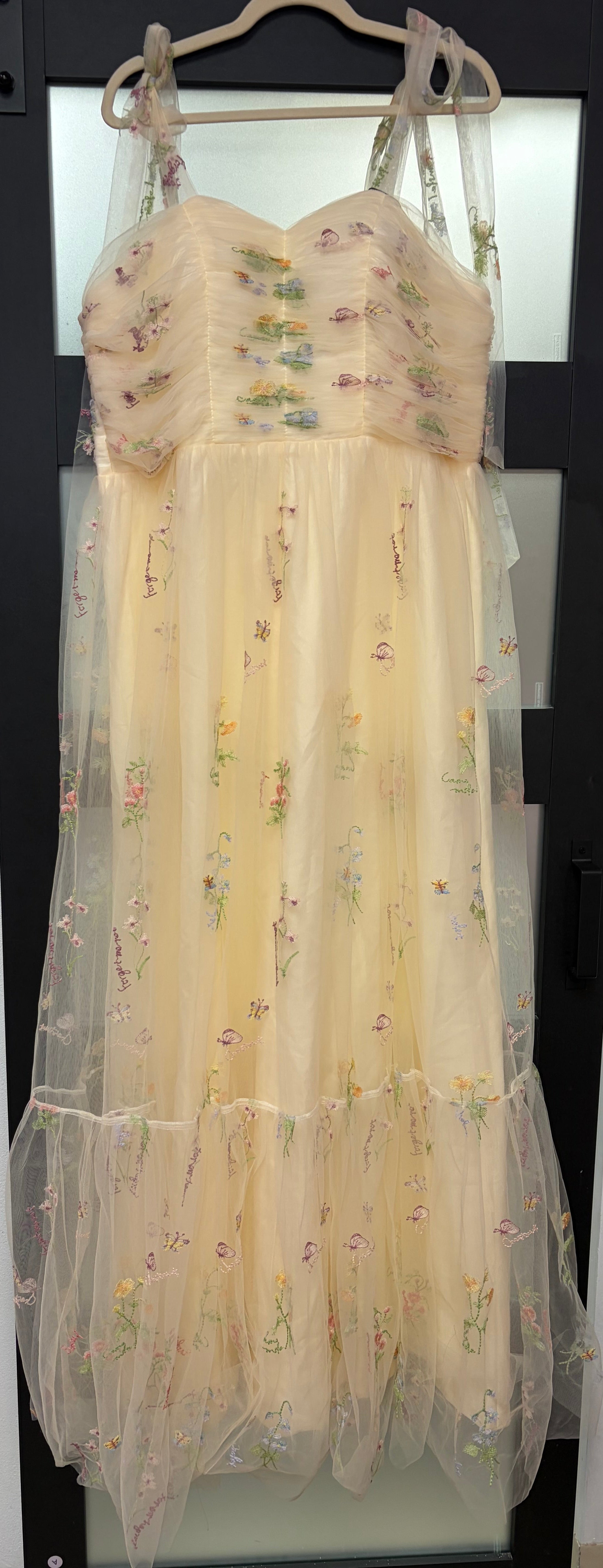 Butter Yellow Floral Embroidered Tulle Maxi Dress with Corset Bodice