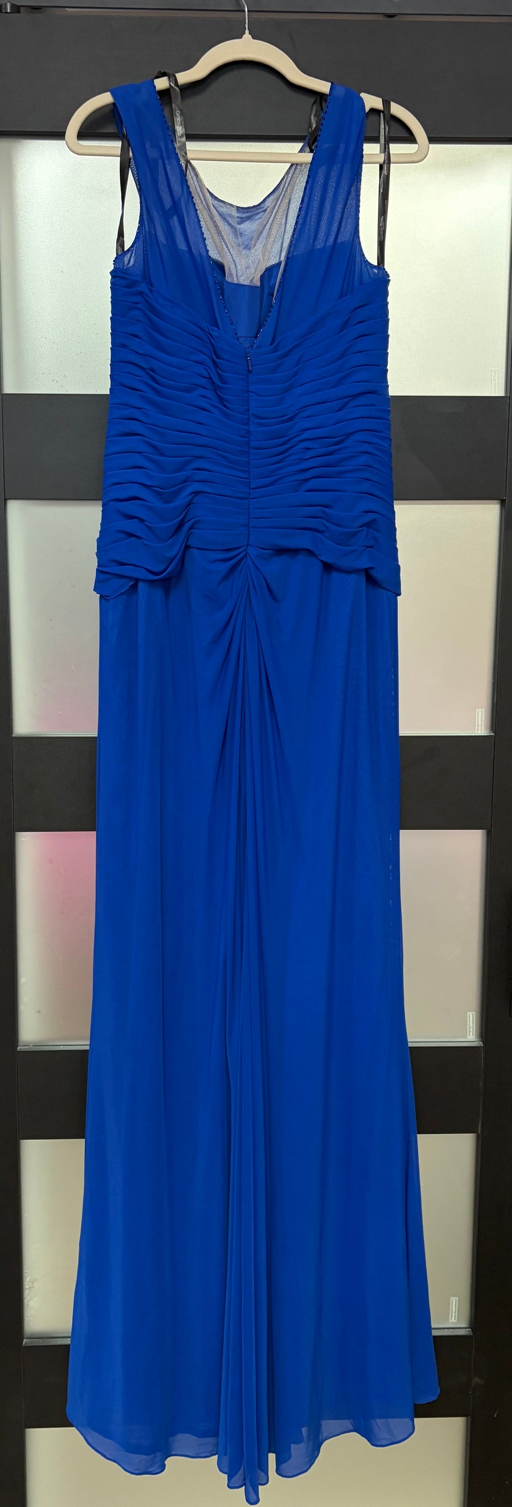 Cameron Blake Royal Blue Ruched Chiffon Evening Gown with Illusion Neckline and Beaded Accent