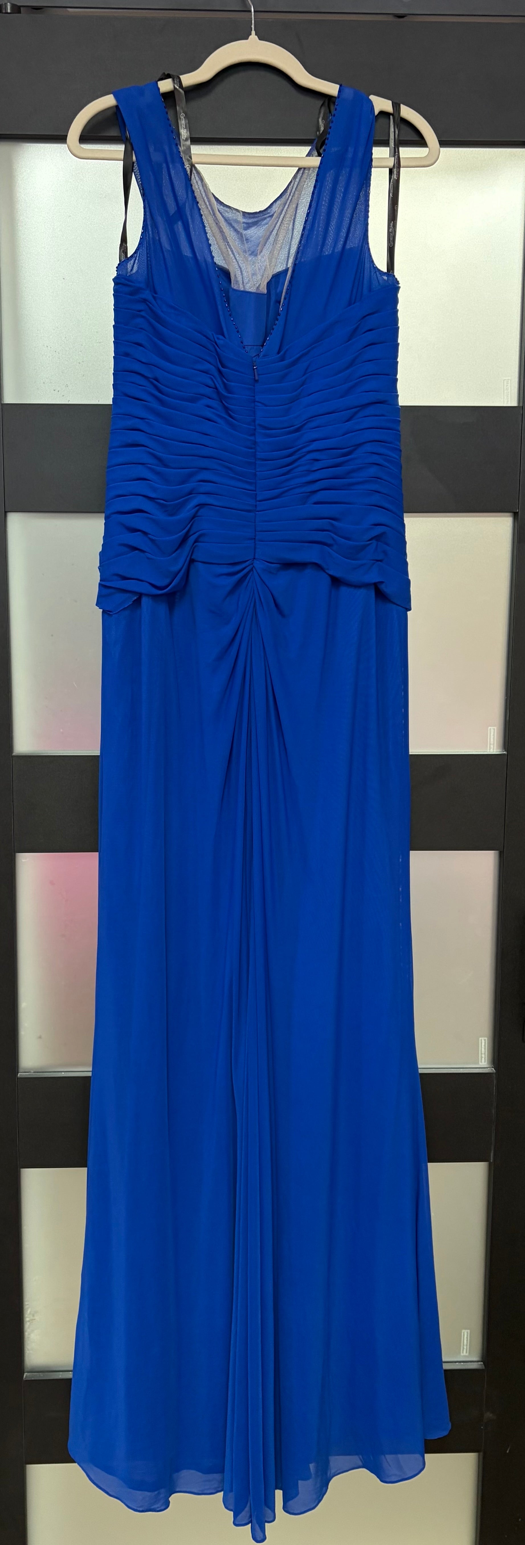 Cameron Blake Royal Blue Ruched Chiffon Evening Gown with Illusion Neckline and Beaded Accent