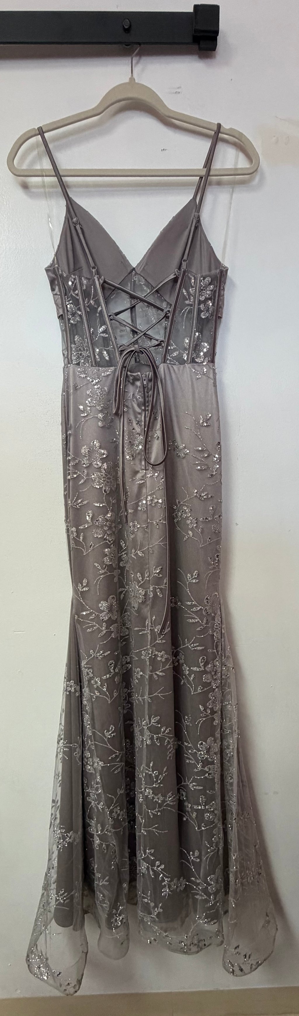 Dear Moon Silver Glitter Floral Lace Mermaid Formal Dress
