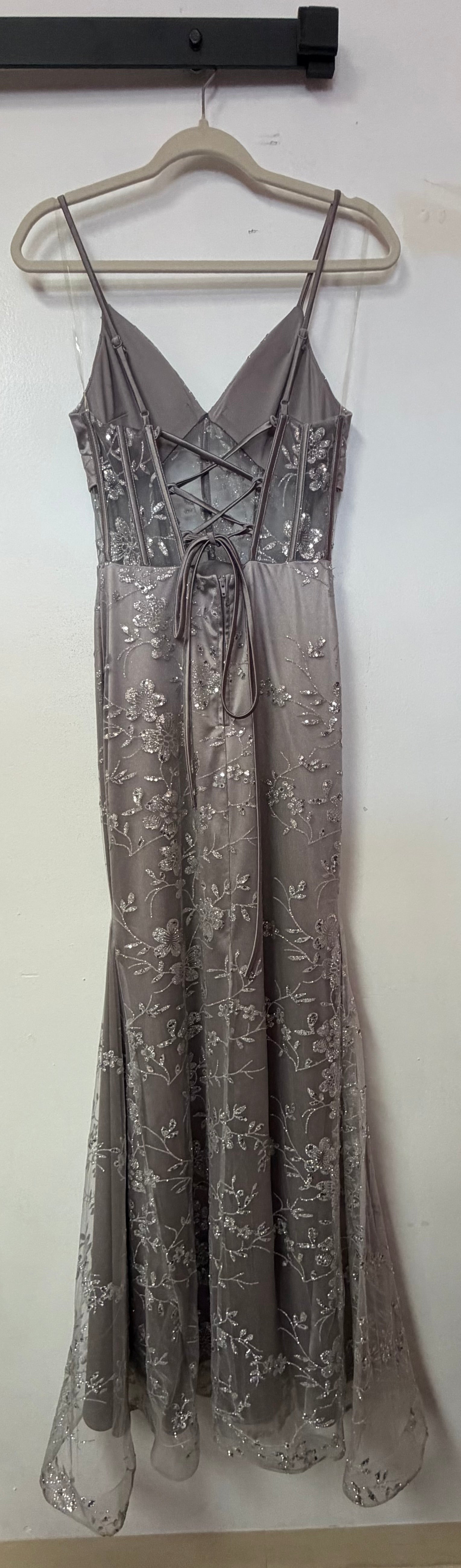 Dear Moon Silver Glitter Floral Lace Mermaid Formal Dress