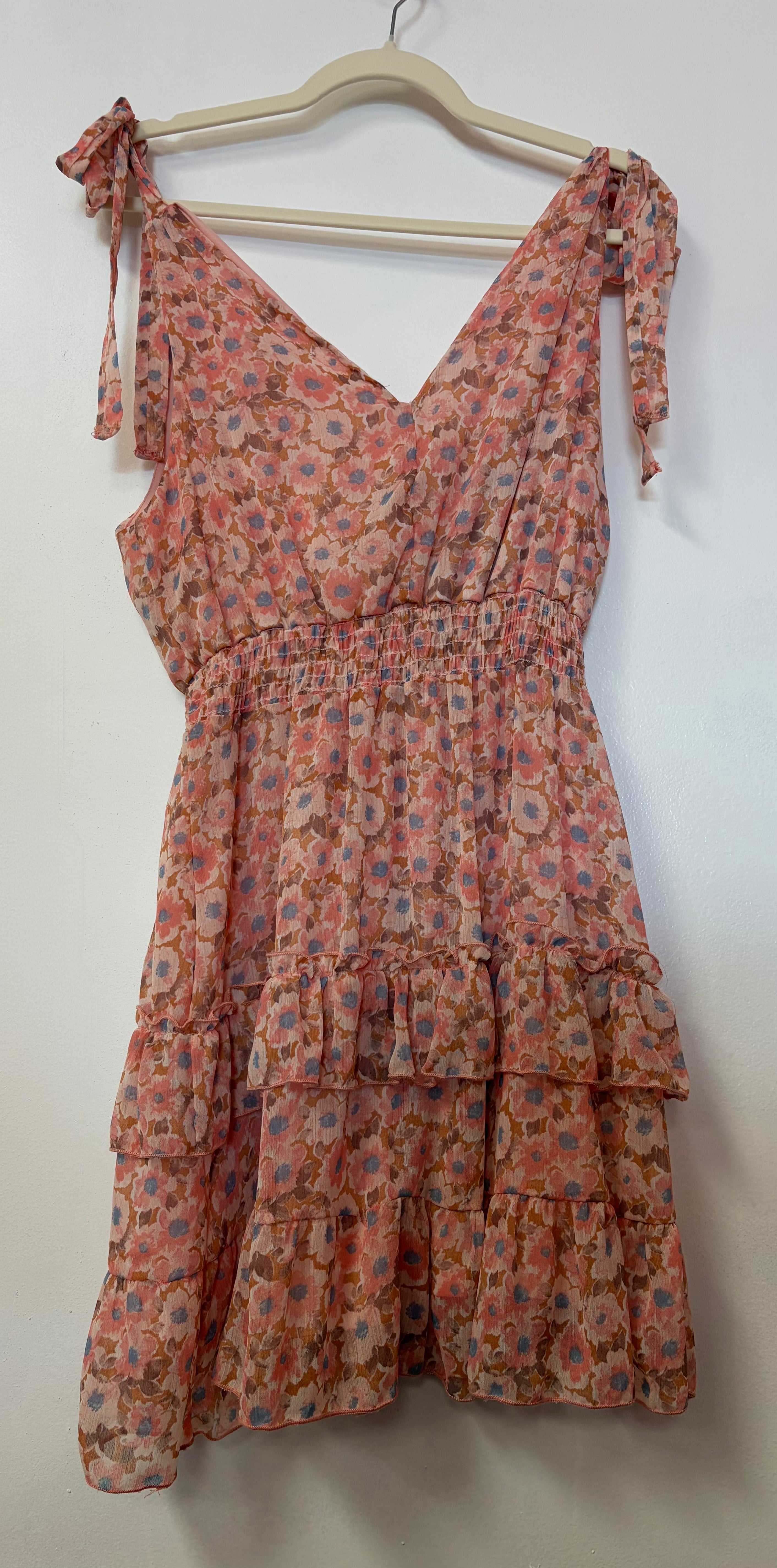 Altar’d State Peach Floral Tiered Mini Dress with Tie Shoulders and Smocked Waist