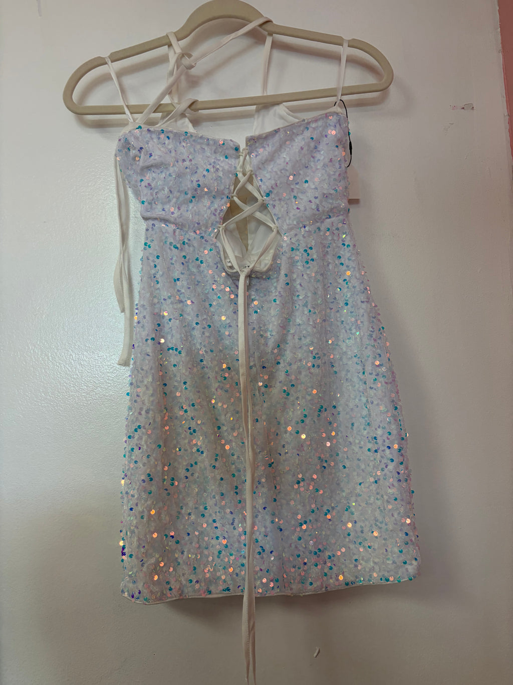 Iridescent White Sequin Lace-Up Mini Dress