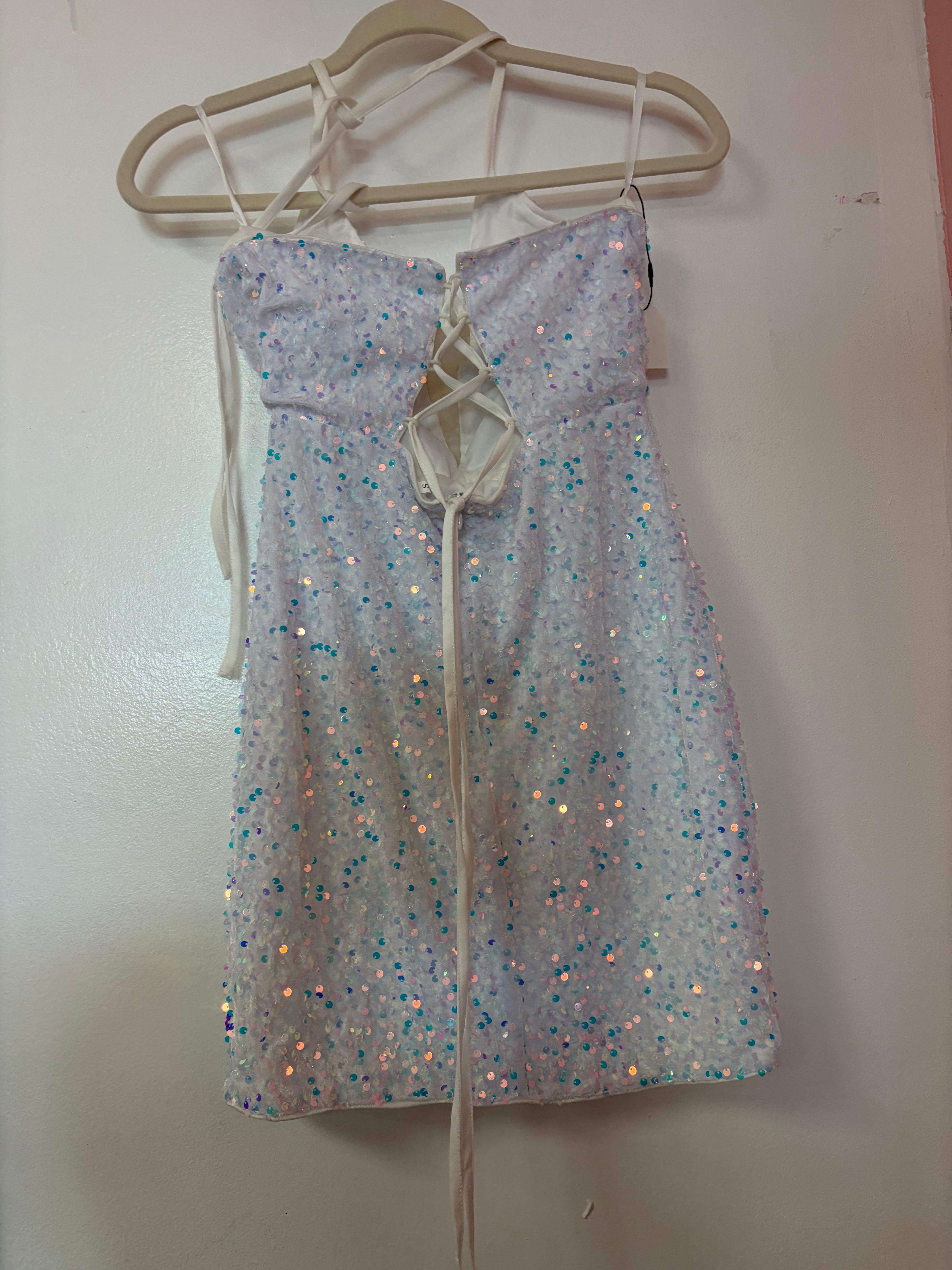 Iridescent White Sequin Lace-Up Mini Dress