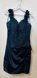Adora 1084 Navy Sequin Lace Homecoming Dress with 3D Floral Shoulder Straps