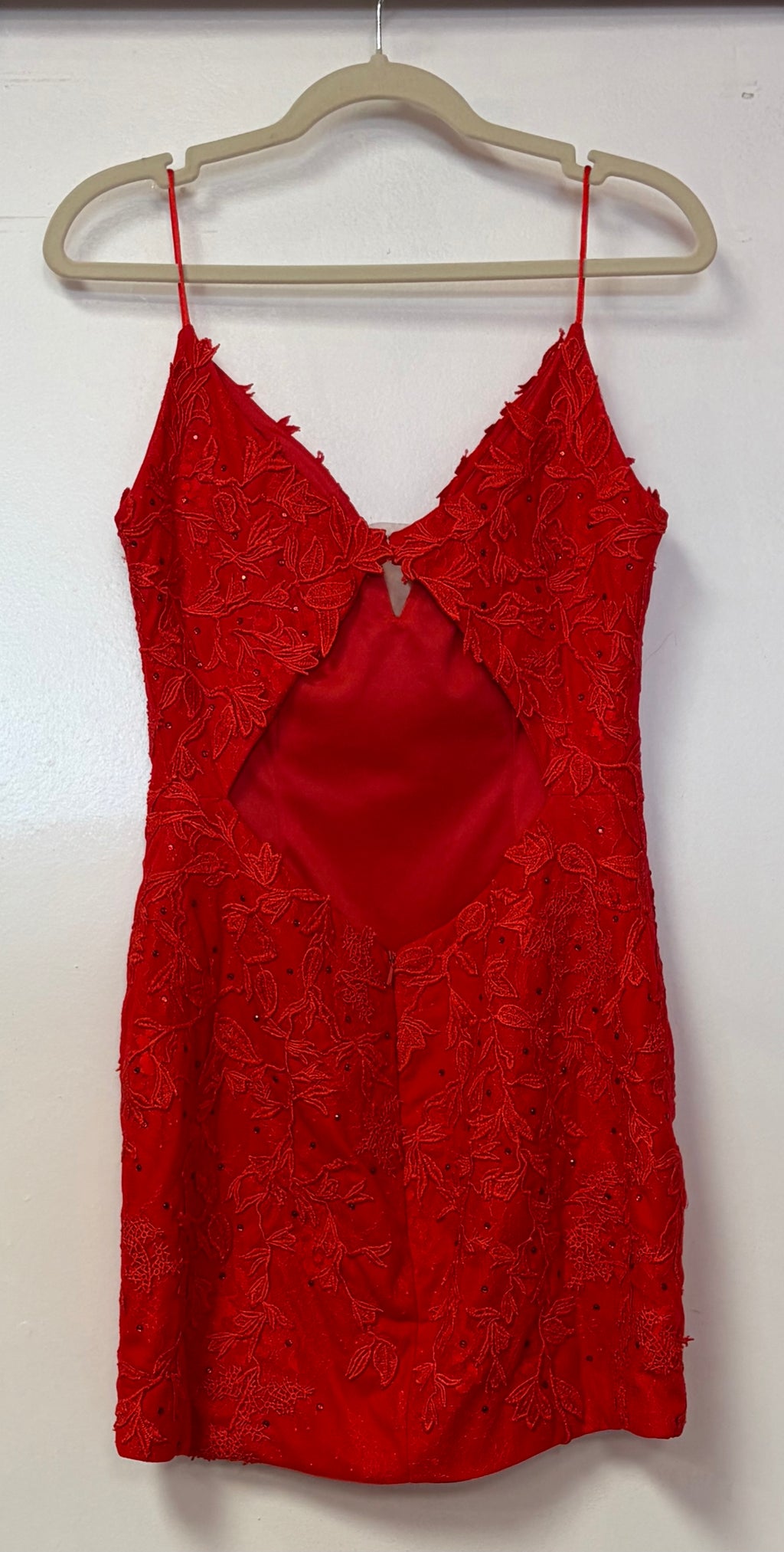 Kiss Prom Red Floral Lace Embroidered Cocktail Dress with Illusion Back
