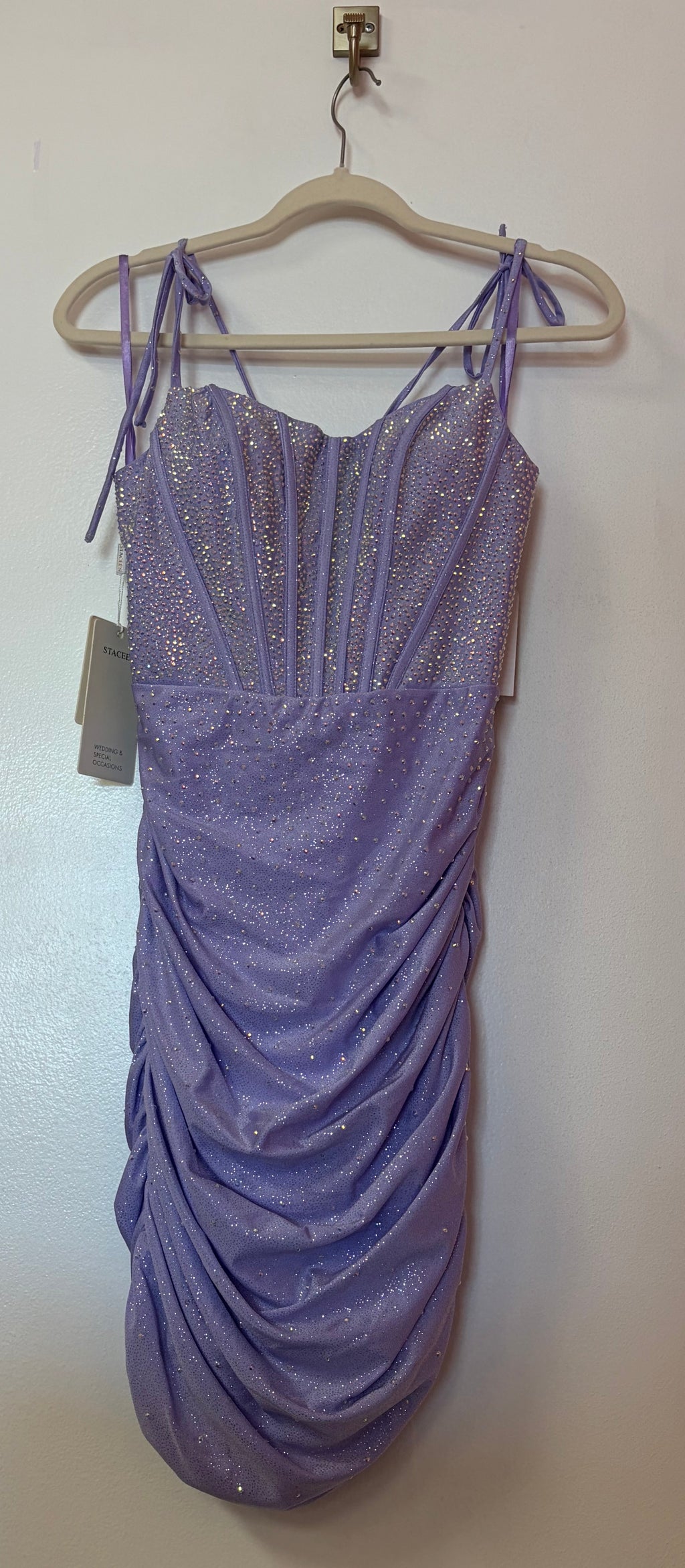 Stacees Lilac Glitter Corset Homecoming Dress – Ruched Bodycon Mini Dress with Tie Straps