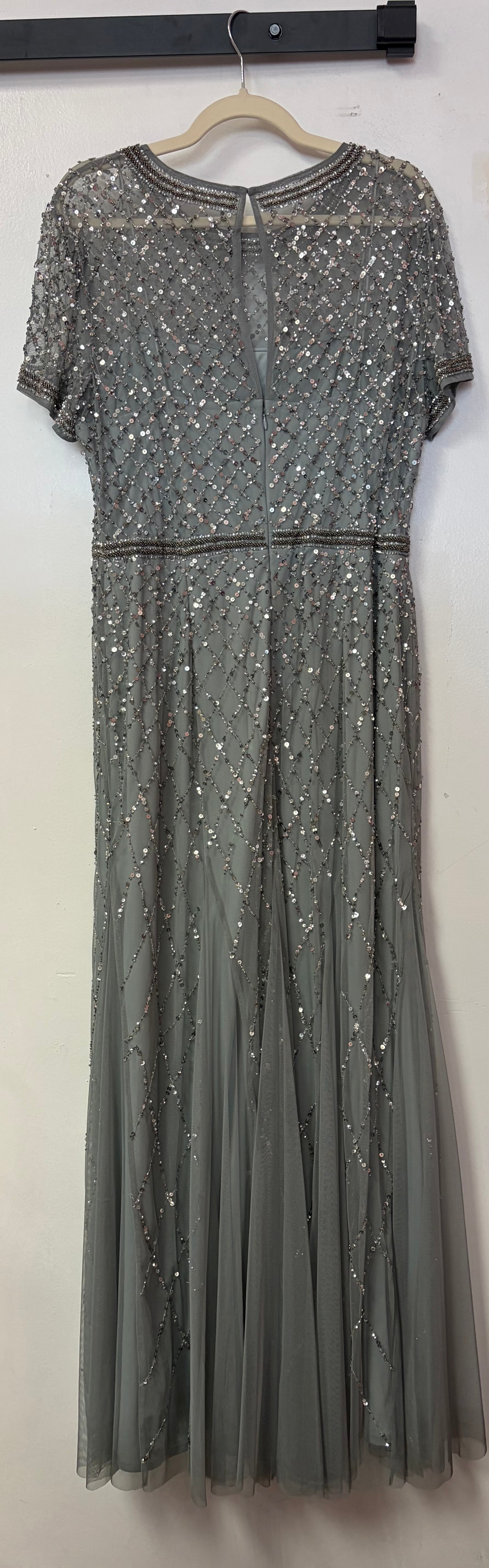 Adrianna Papell Silver Beaded Mesh Short Sleeve Evening Gown