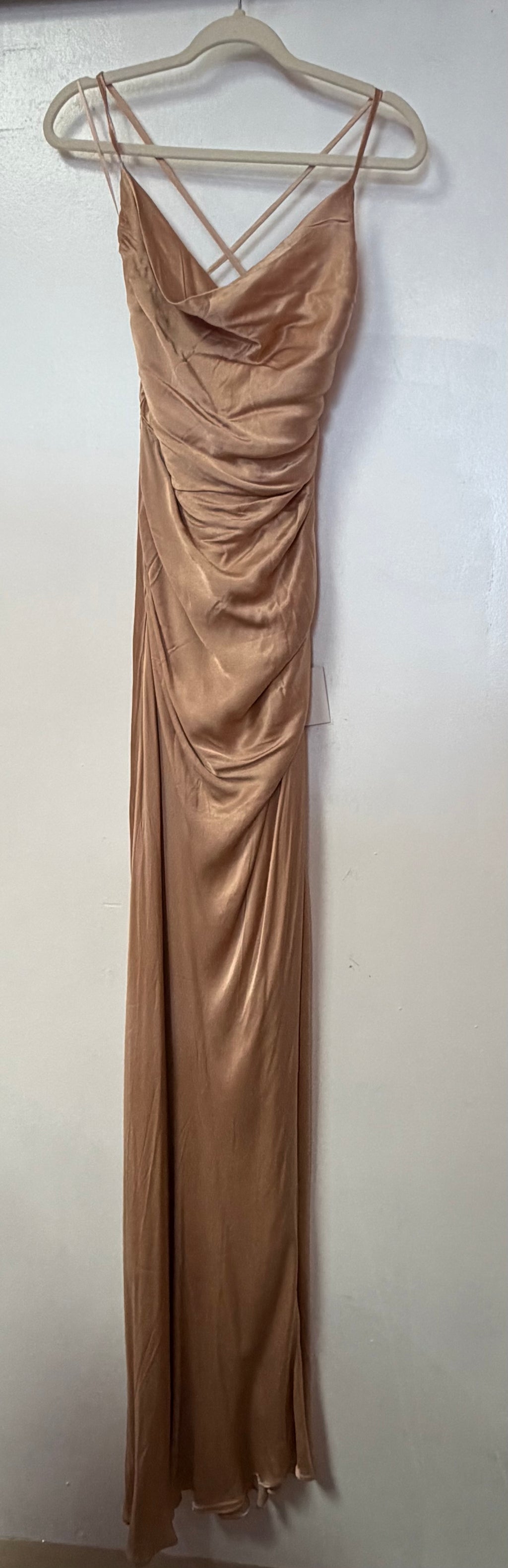LaDivine Champagne Satin Cowl Neck Gown with Ruched Bodice and Open Strappy Back