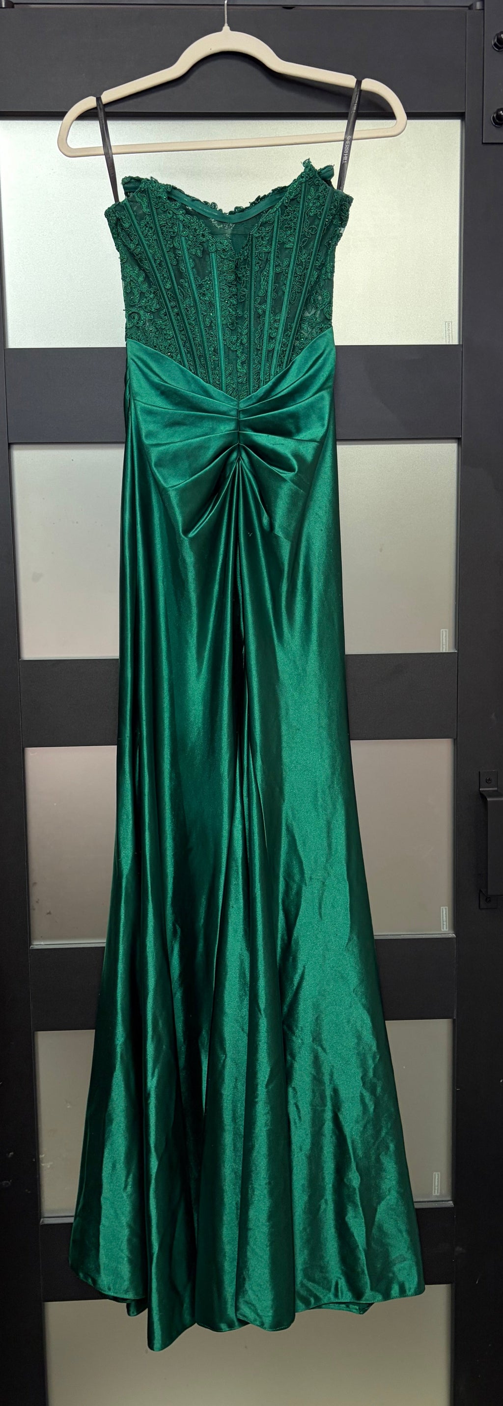 Sherri Hill 55419 Dark Emerald Lace Corset Satin Prom Gown with High Slit