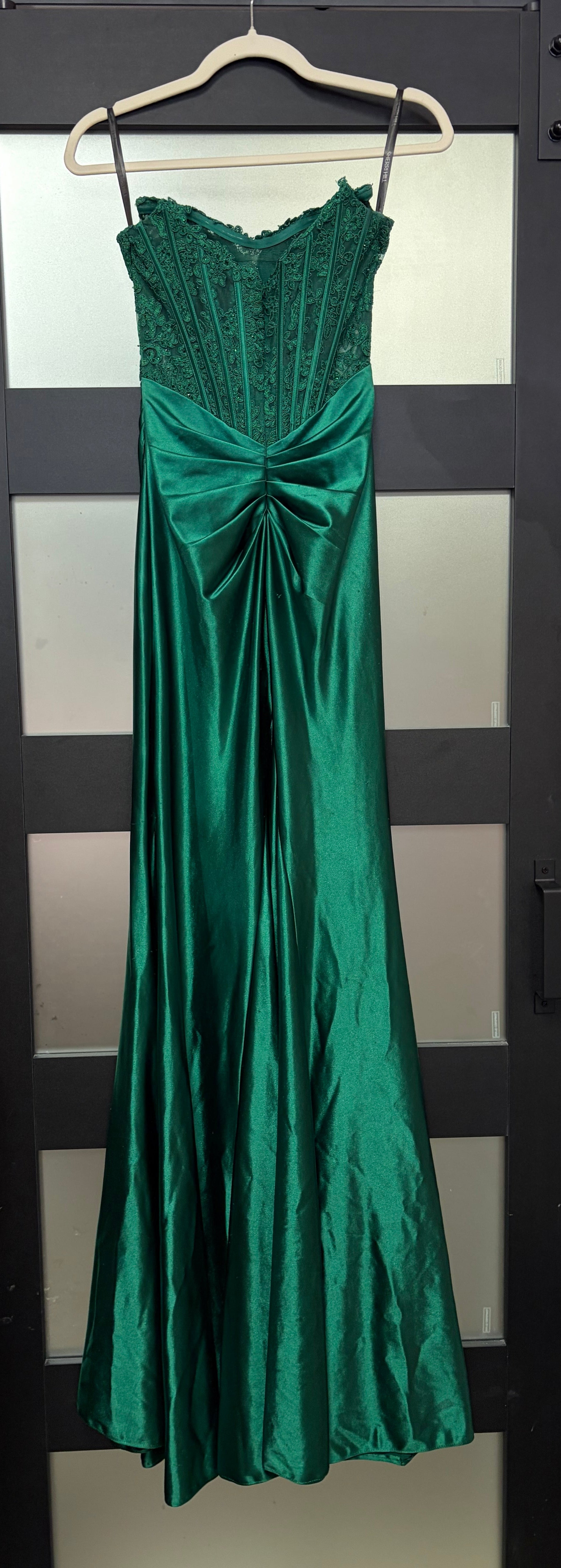 Sherri Hill 55419 Dark Emerald Lace Corset Satin Prom Gown with High Slit