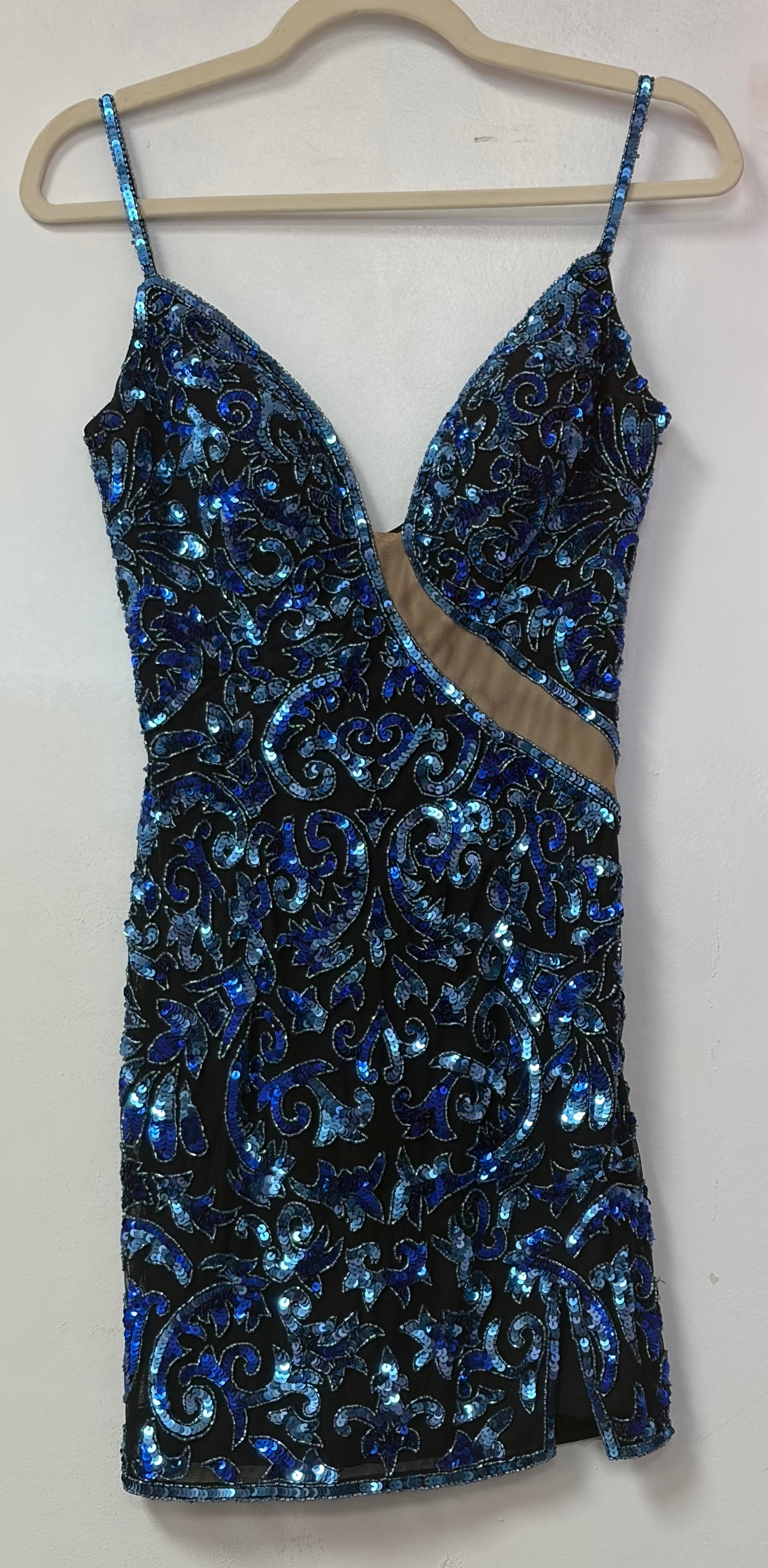 Amarra 94284 Black & Royal Blue Sequin Cutout Cocktail Dress