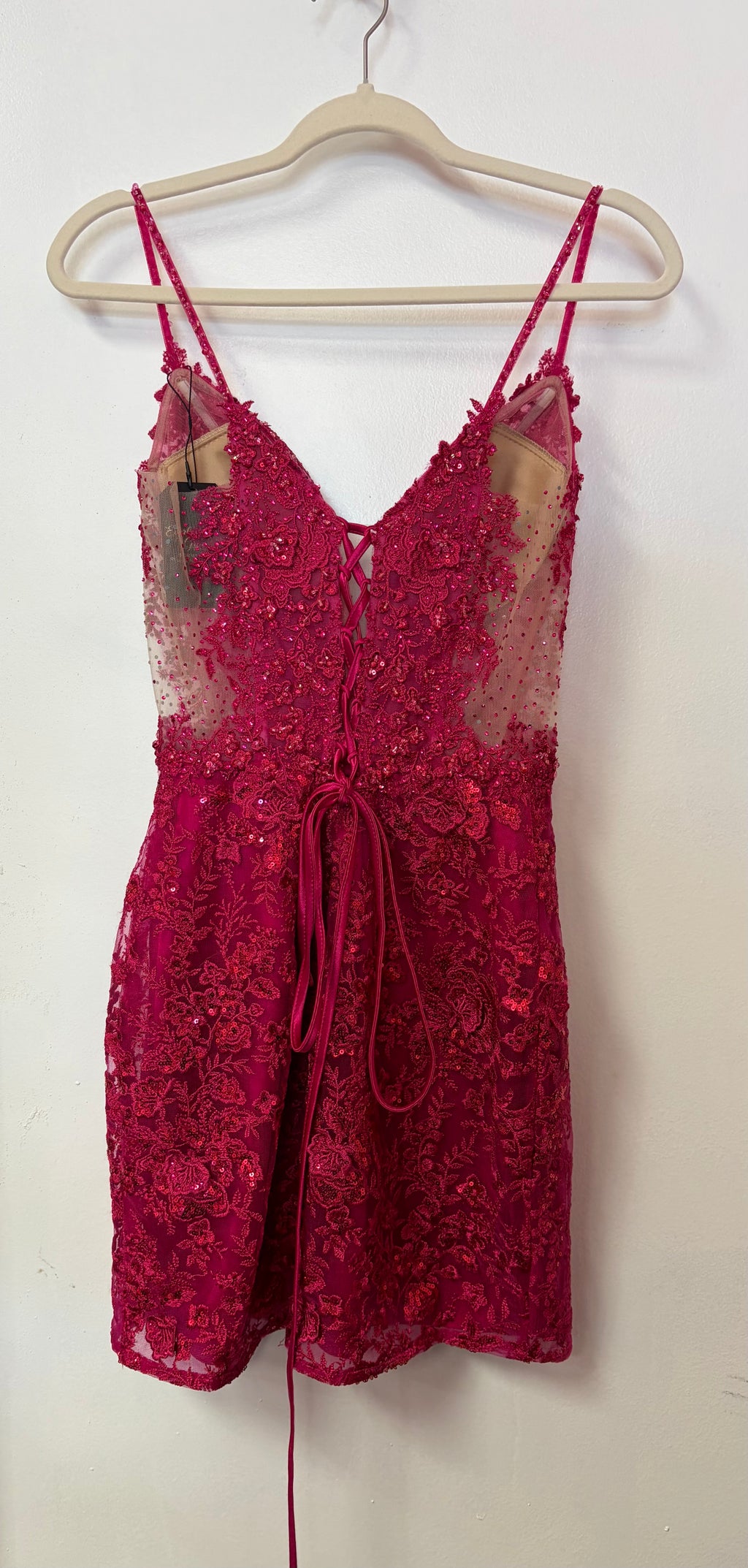 Sherri Hill 56645 Fuchsia Lace Homecoming Dress with Illusion Corset Bodice and Floral Appliqué