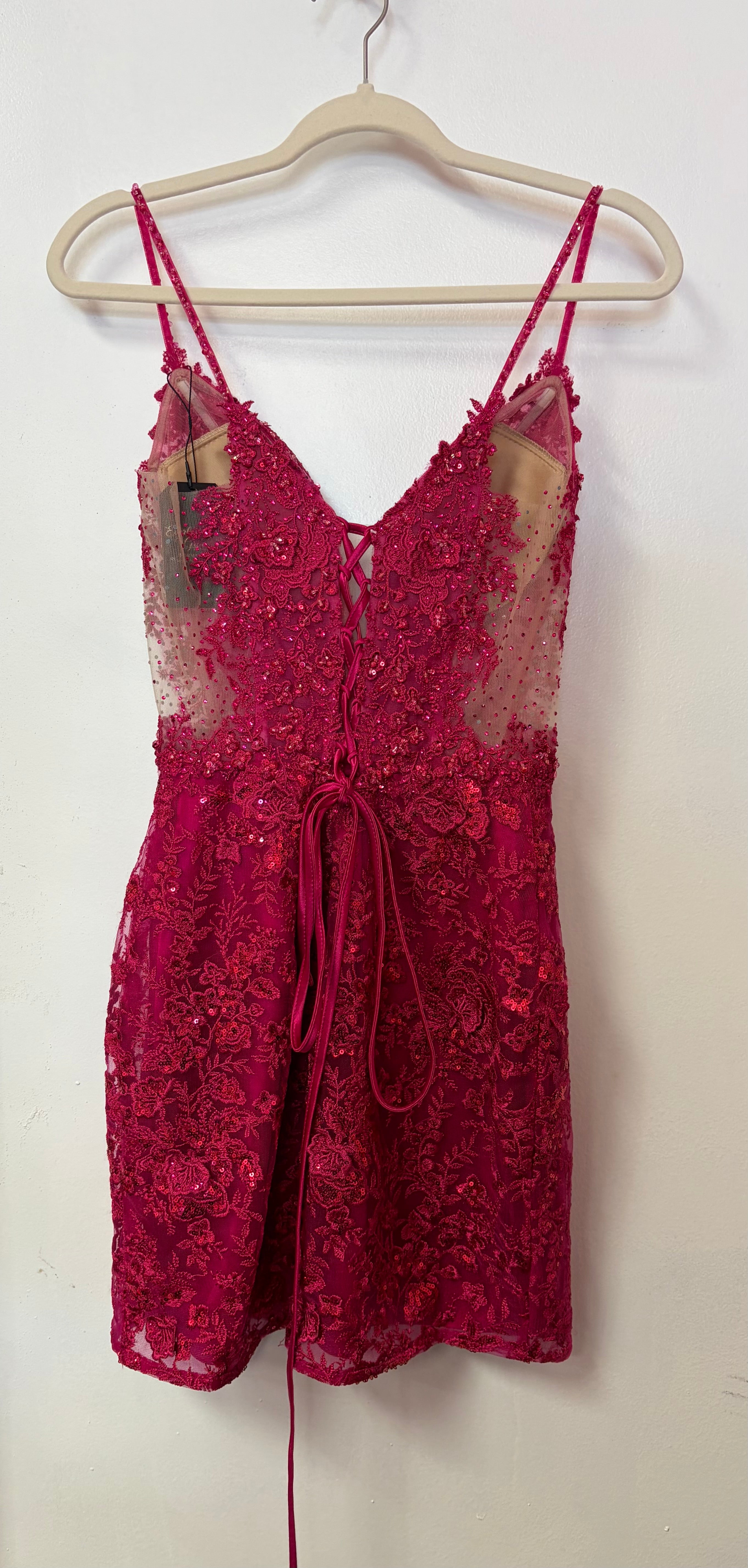 Sherri Hill 56645 Fuchsia Lace Homecoming Dress with Illusion Corset Bodice and Floral Appliqué