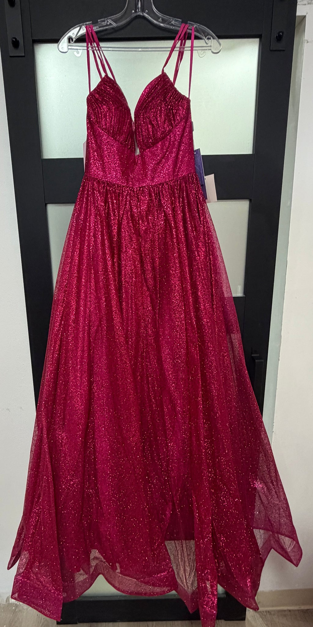 LaDivine CD996 Fuchsia Glitter Tulle Ball Gown with Lace-Up Back