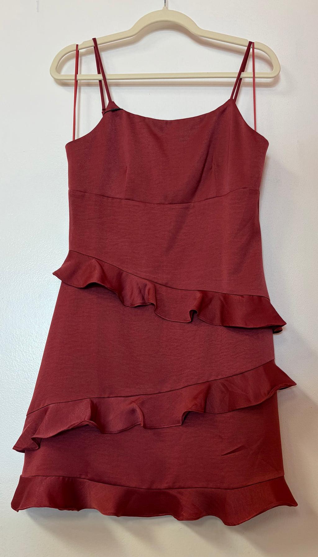 Altar’d State Cinnamon Rose Satin Ruffle Mini Dress with Tiered Skirt and Spaghetti Straps