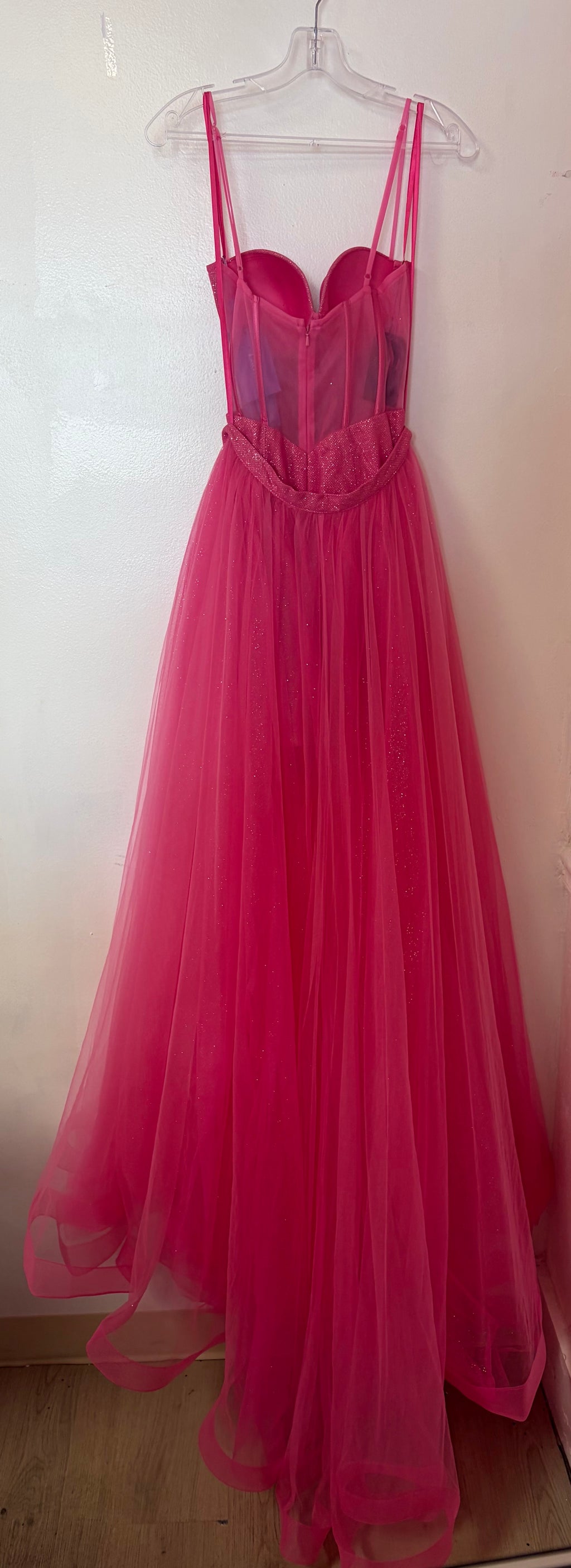 LaDivine CB146 Hot Pink Glitter Corset Homecoming Dress with Removable Tulle Overskirt