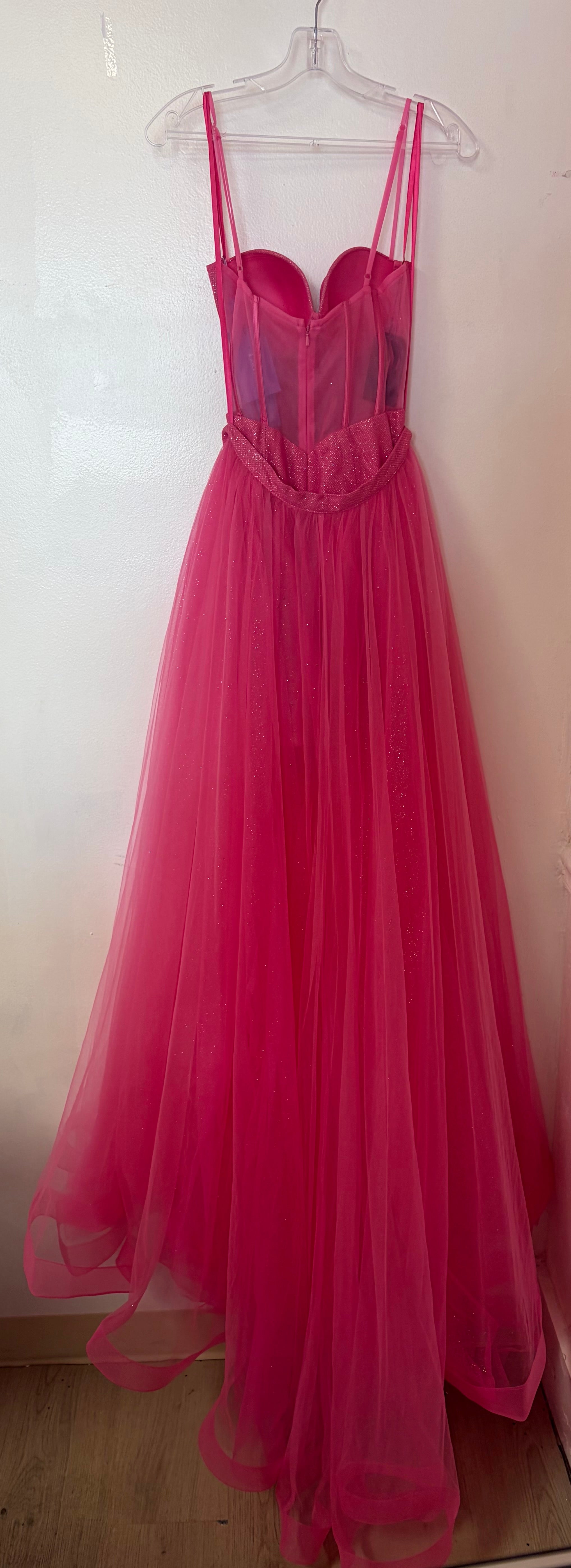 LaDivine CB146 Hot Pink Glitter Corset Homecoming Dress with Removable Tulle Overskirt
