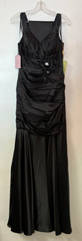 Chicas CH1087 Black Ruched Satin Mermaid Formal Gown with Floral Appliqué Detail