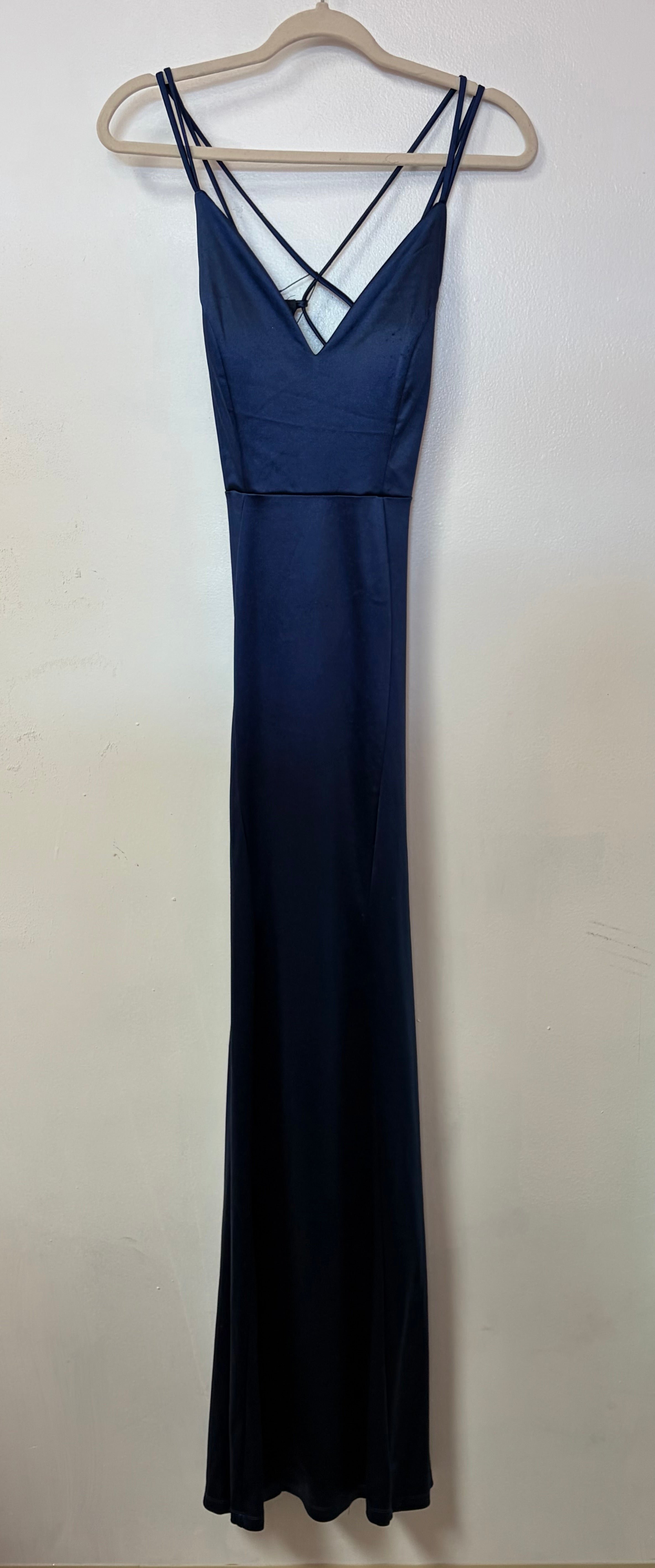 Windsor Navy Satin Lace-Up Back Maxi Dress with Strappy Open Back
