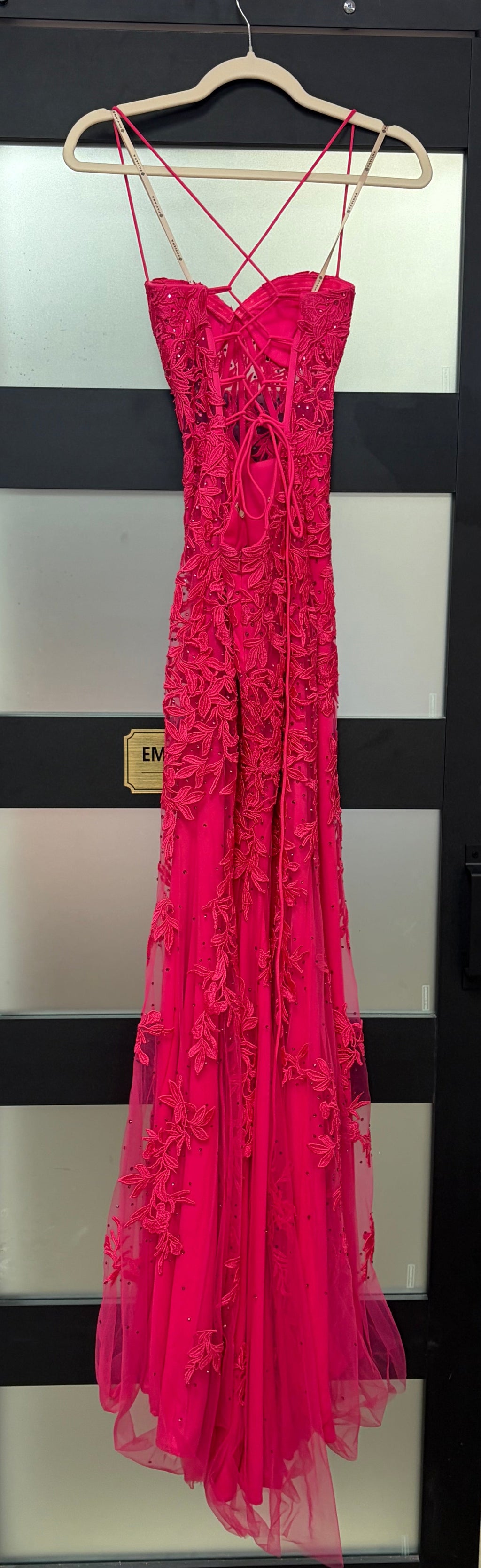 Faviana S10634 Hot Pink Floral Appliqué Tulle Gown with Corset Back