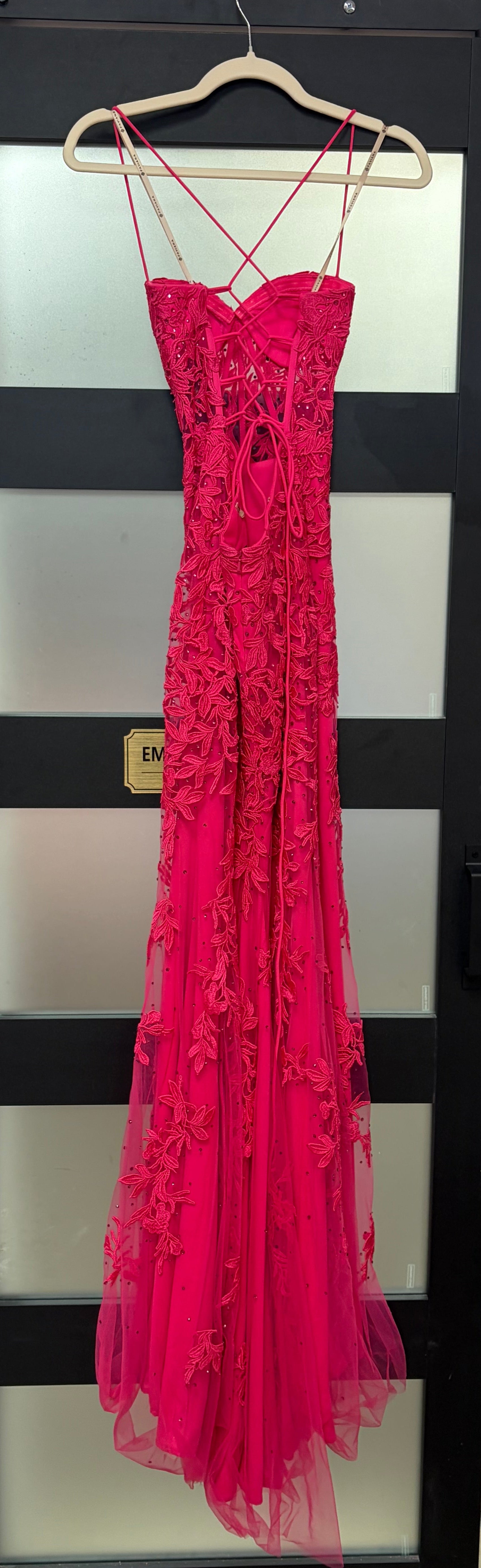 Faviana S10634 Hot Pink Floral Appliqué Tulle Gown with Corset Back