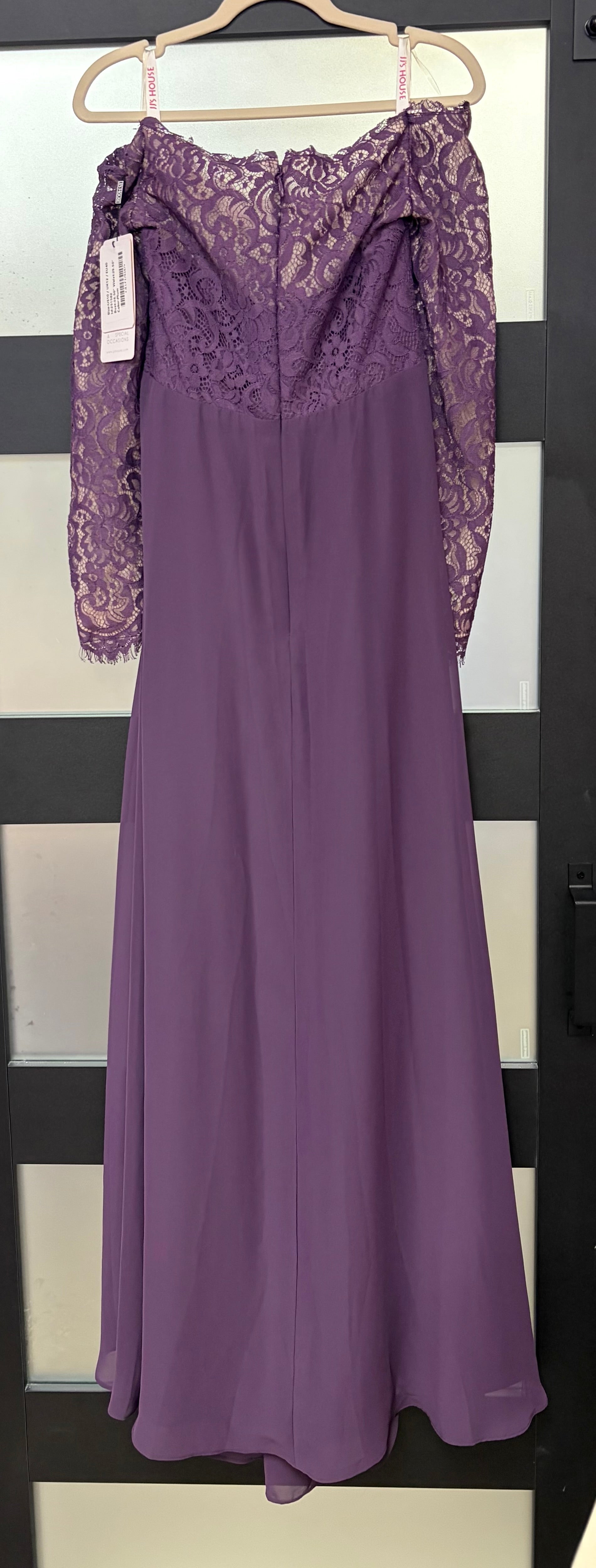 JJ’s House Dusty Plum Lace Off-the-Shoulder Chiffon Formal Gown