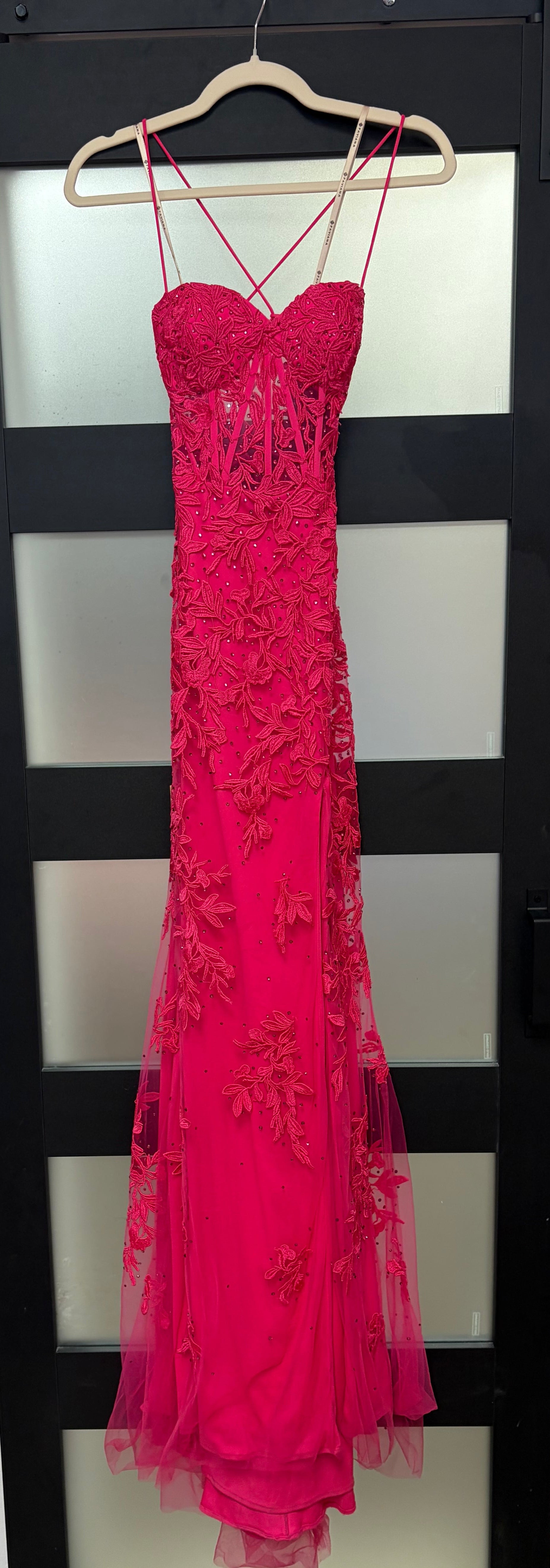 Faviana S10634 Hot Pink Floral Appliqué Tulle Gown with Corset Back