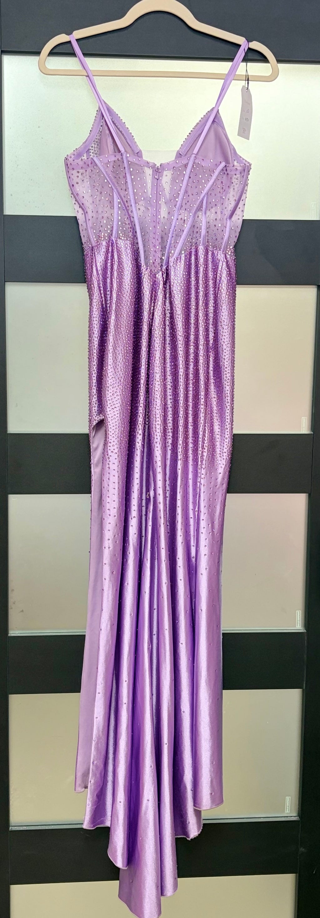 LaDivine Lilac Satin Rhinestone Mermaid Gown with Sheer Corset Bodice