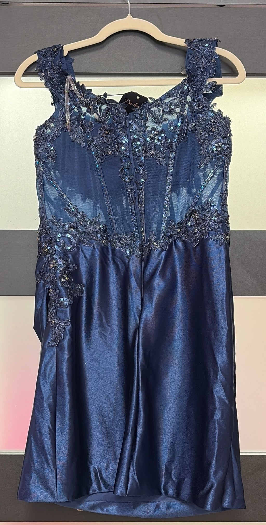 Stacees S8607H Navy Blue Embellished Sheer Corset Homecoming Dress with Satin Ruched Skirt