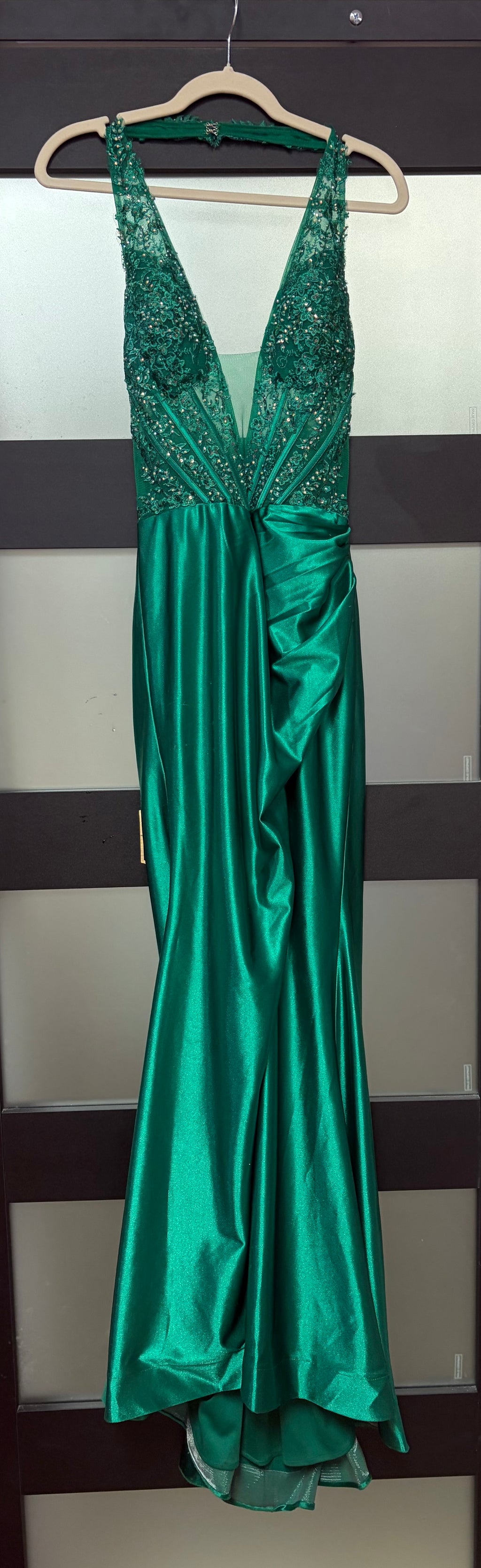 Stacees Emerald Green Beaded Satin Plunge Prom Gown