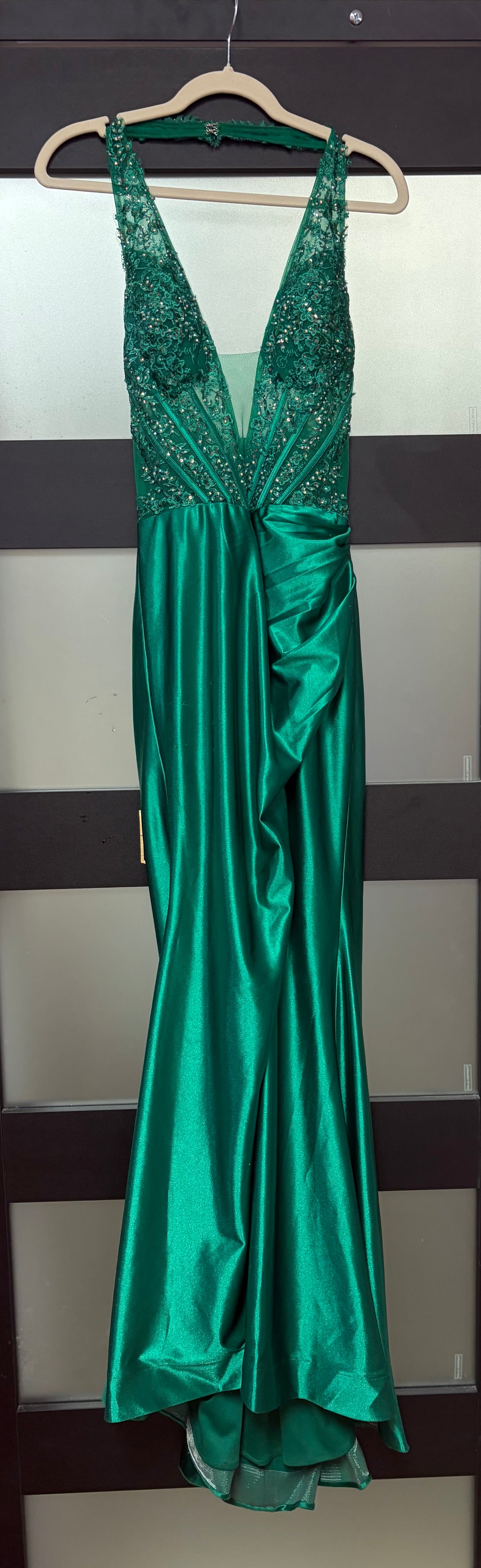 Stacees Emerald Green Beaded Satin Plunge Prom Gown