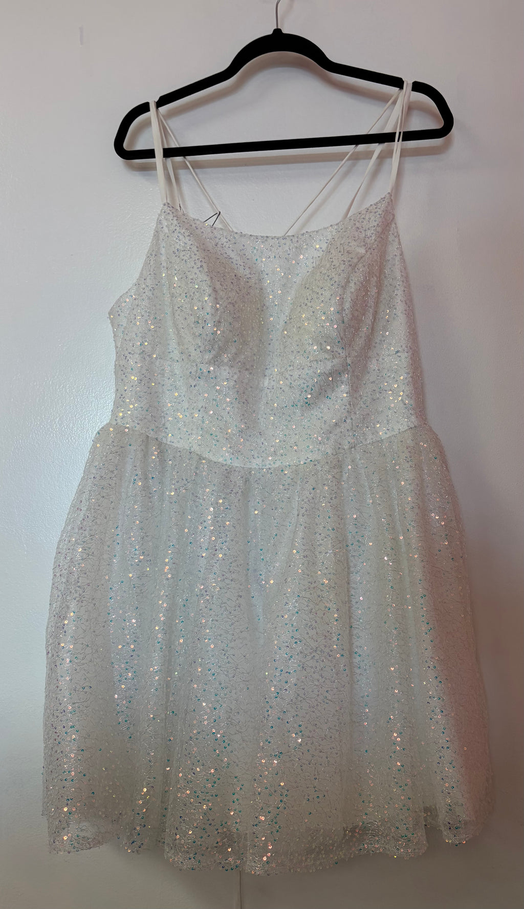 Stacees White Iridescent Glitter A-Line Homecoming Dress with Sparkle Tulle