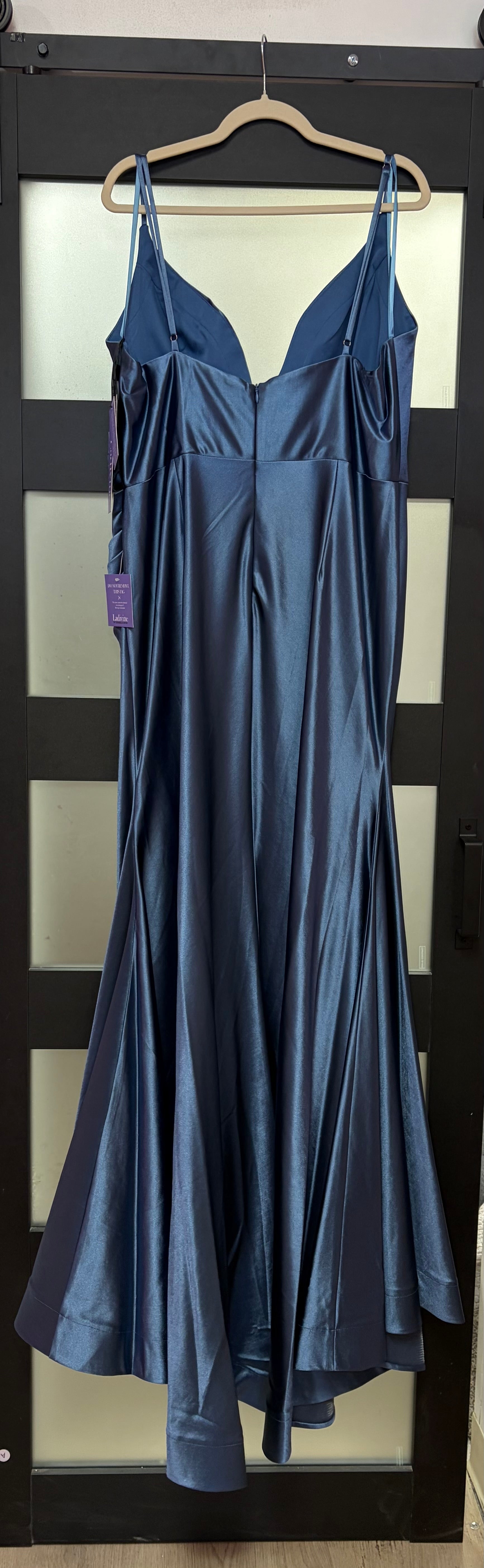 LaDivine CH062 Steel Blue Satin Ruched Formal Dress with Side Draping