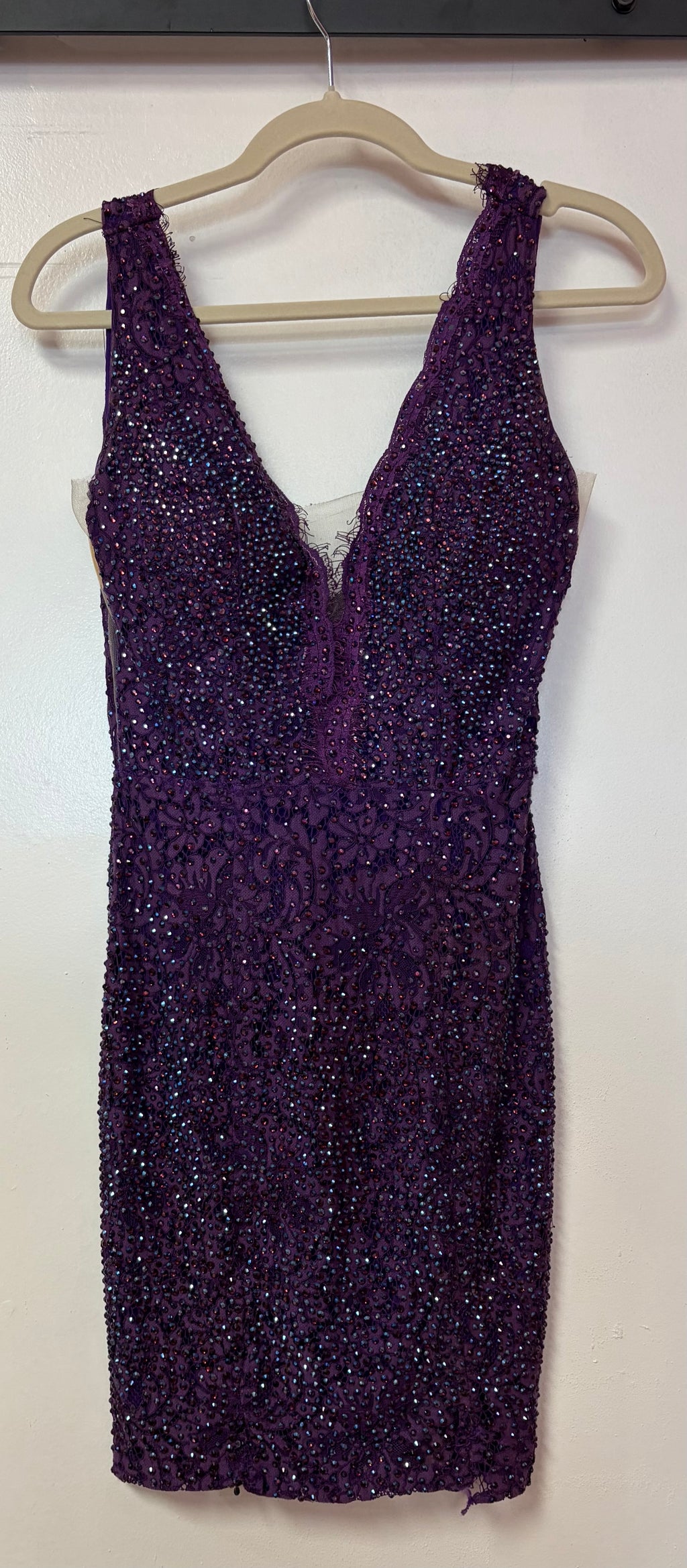 Johnathan Kayne Purple Beaded Lace Cocktail Dress with Illusion Plunge Neckline