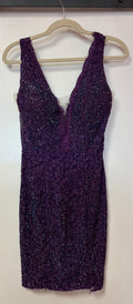 Johnathan Kayne Purple Beaded Lace Cocktail Dress with Illusion Plunge Neckline