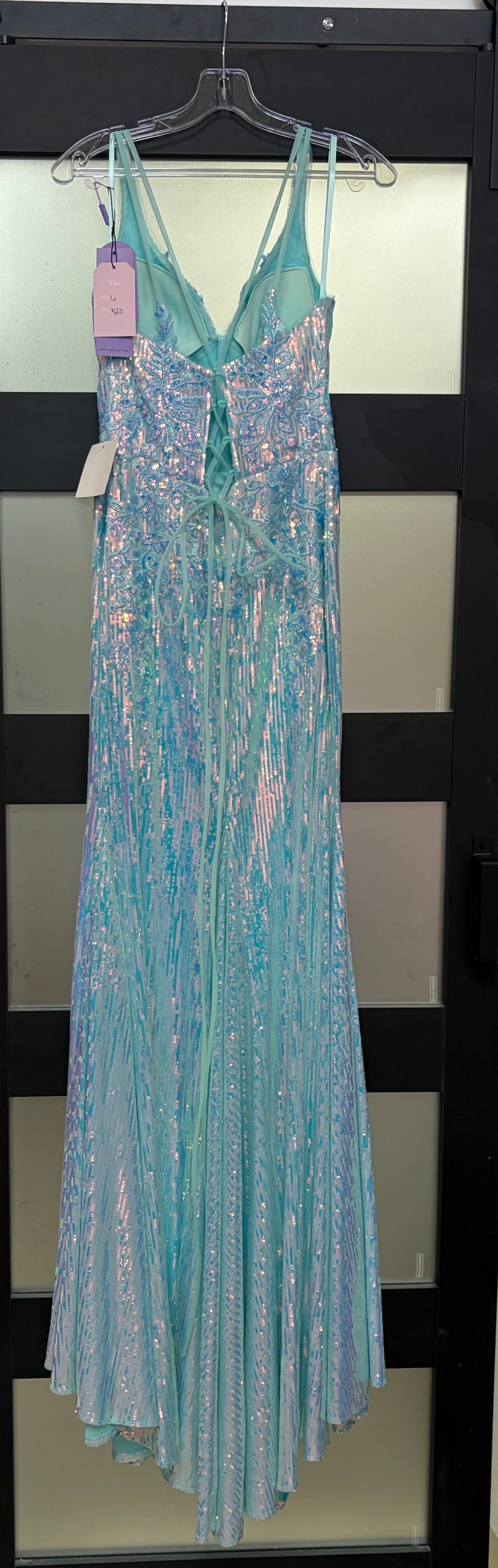 LaDivine CDS491 Iridescent Aqua Sequin Formal Gown with Lace-Up Back