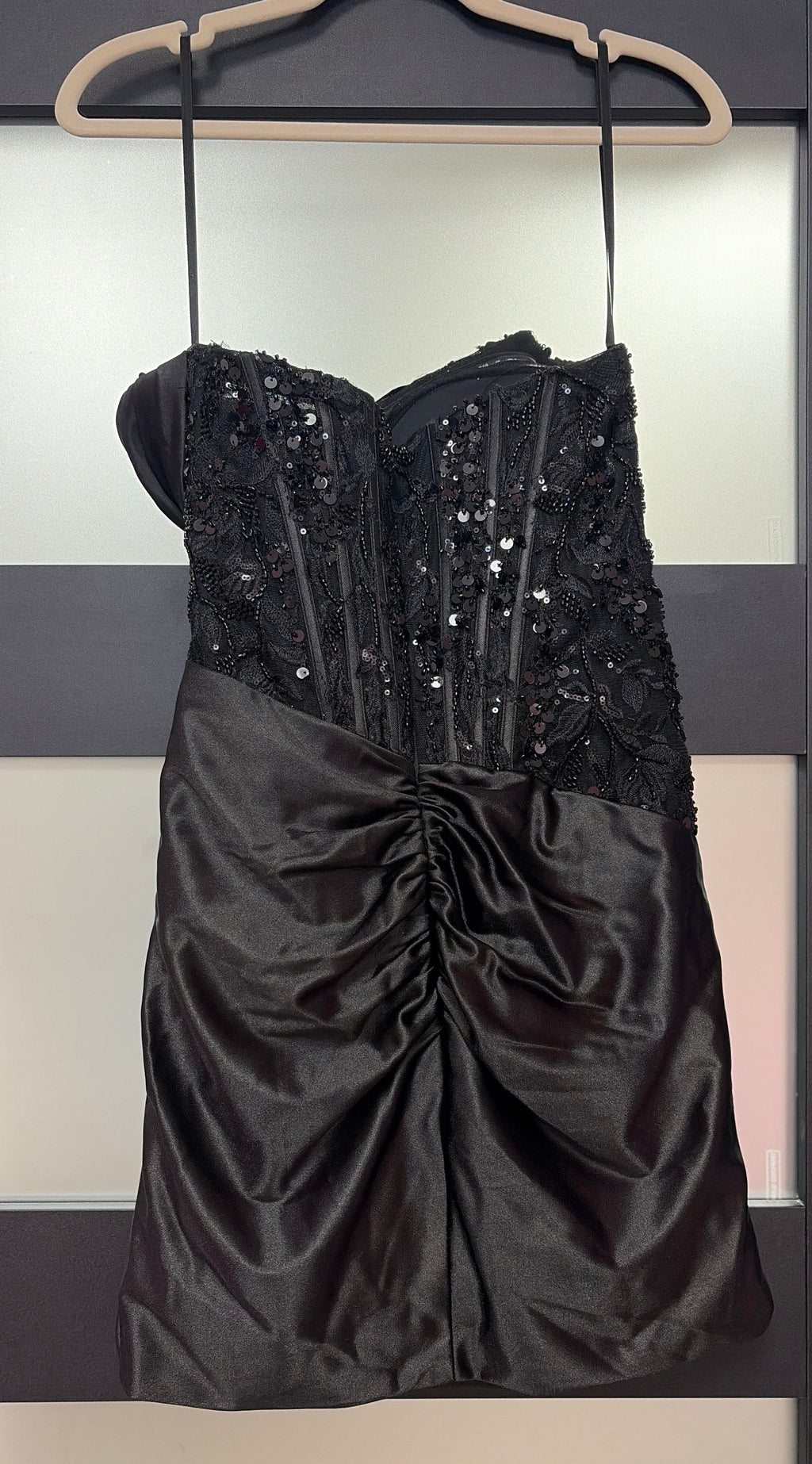 Stacees Black Strapless Sequin Corset Homecoming Dress with Draped Satin Skirt