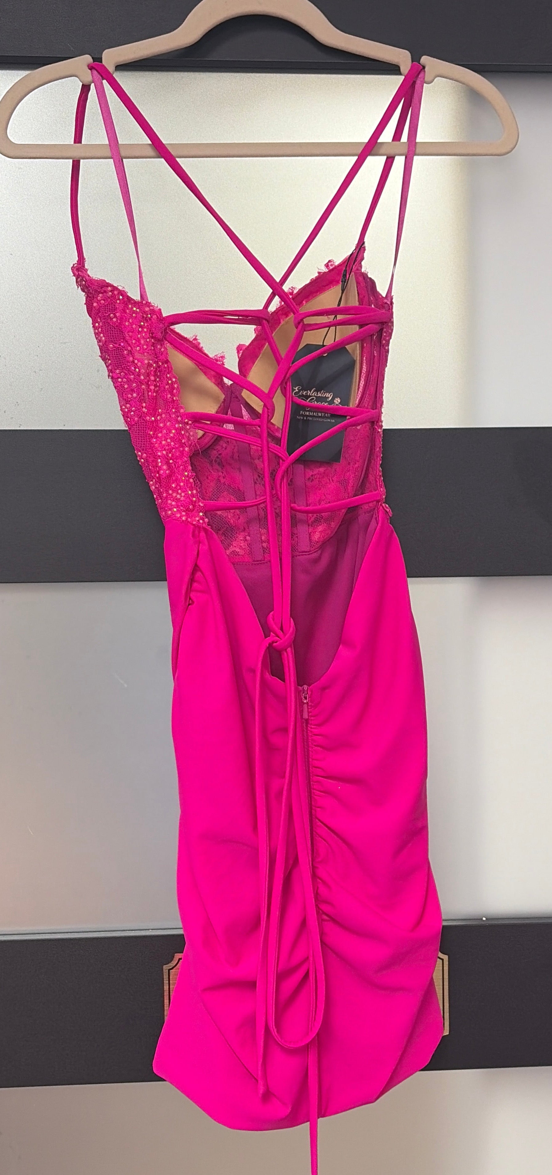 La Femme 32617 Hot Pink Rhinestone Lace Corset Ruched Homecoming Dress