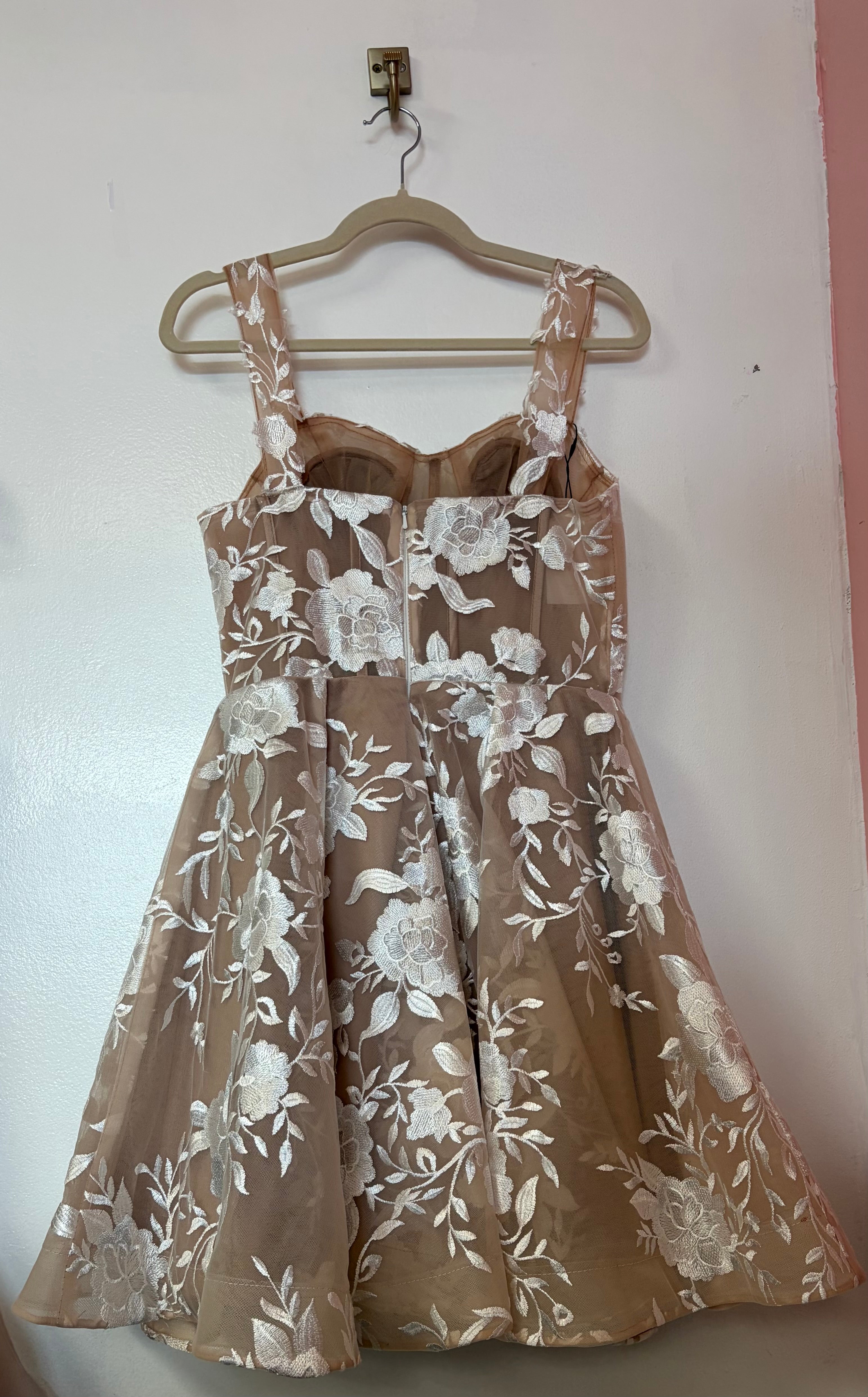 Champagne Floral Embroidered Homecoming Dress with Illusion Corset Bodice