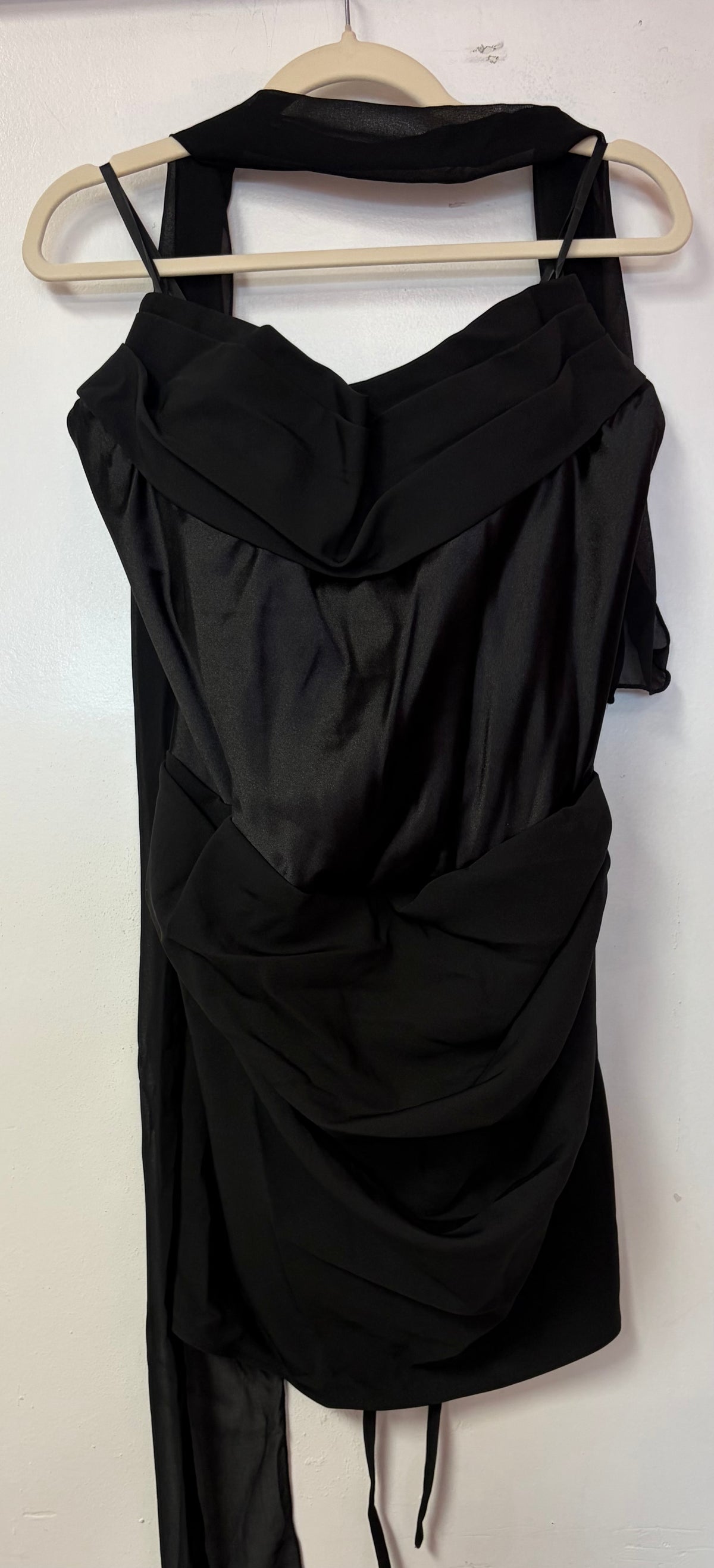 Ladivine by Cinderella Divine - STRAPLESS SATIN MINI DRESS WITH COWL NECKLINE AND SCARF