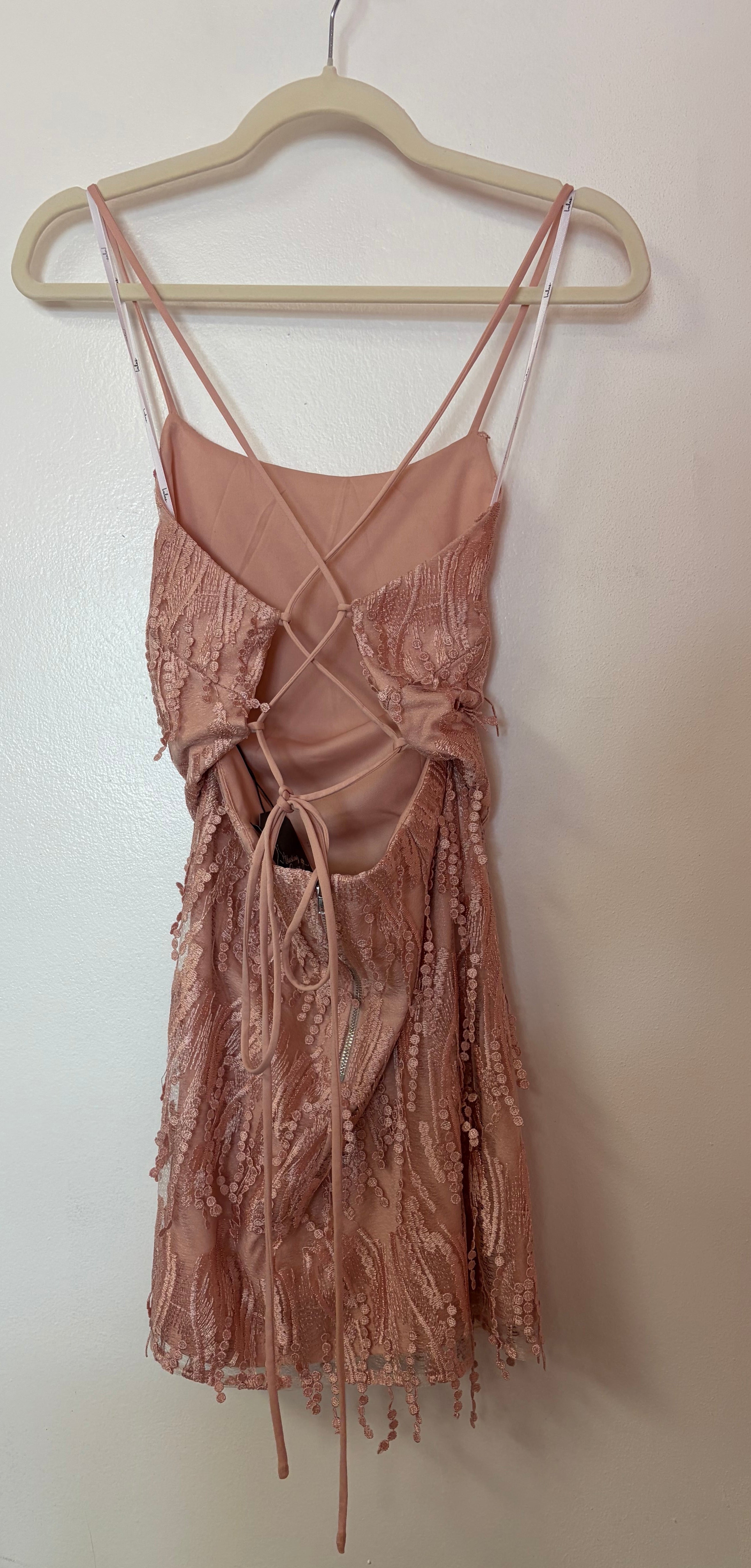 Blush Pink Fringe Lace-Up Mini Dress | Womens | Medium | 100% Polyester