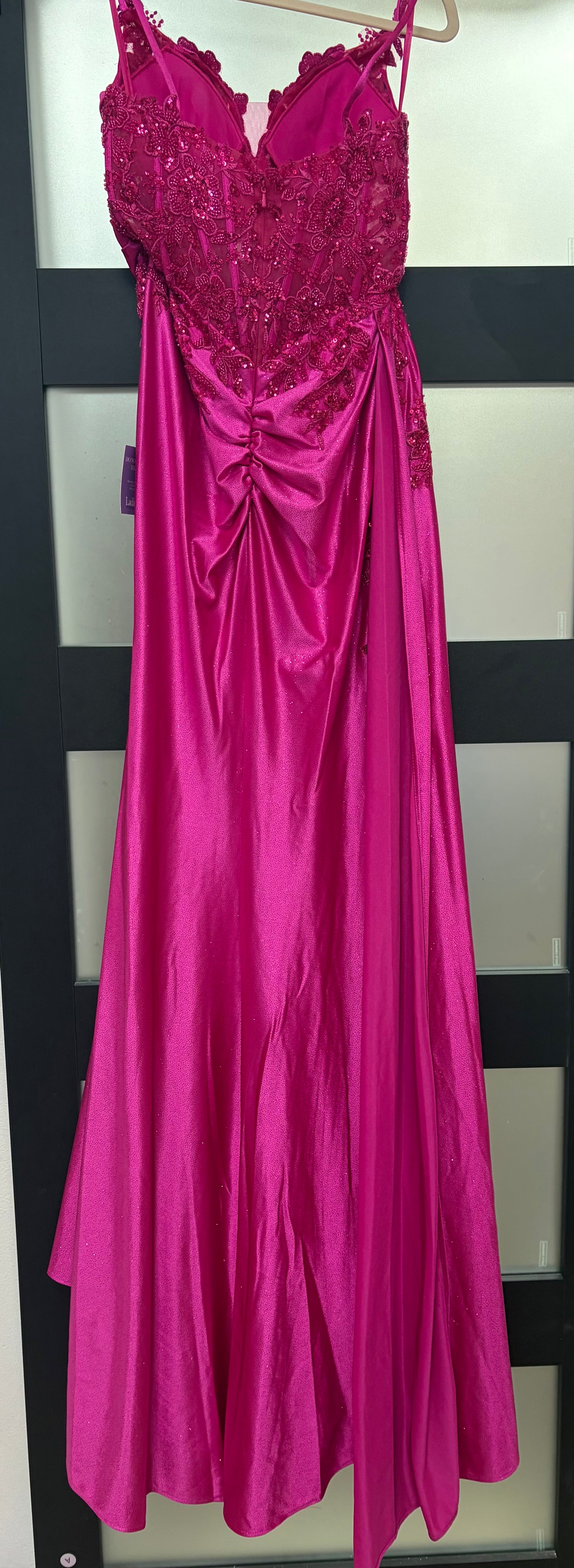 LaDivine CDS524 Fuchsia Satin Appliqué Prom Dress with Side Drape Detail